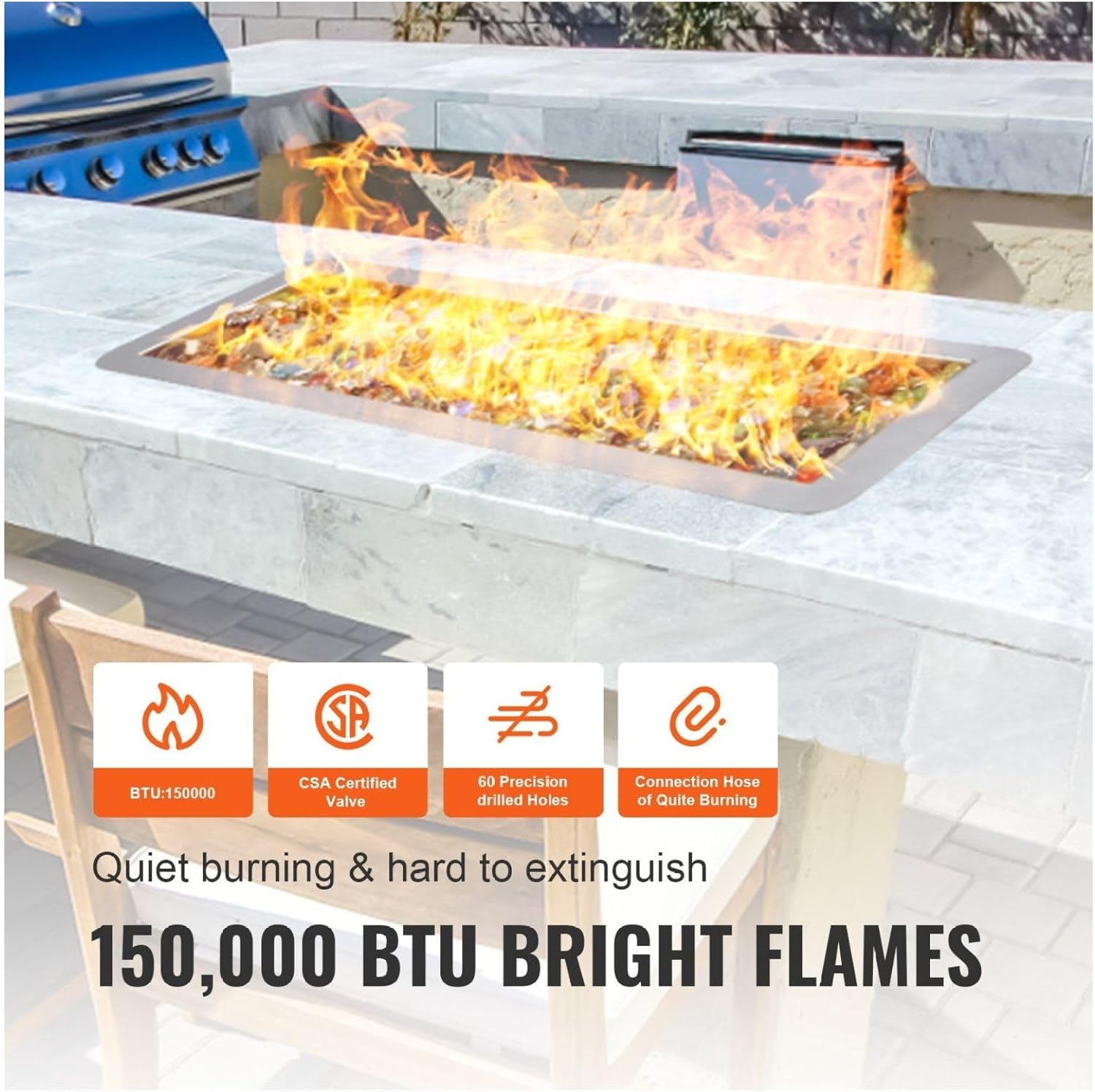 36 x 12 inch Drop-in Fire Pit Pan, Rectangular Stainless Steel Fire Pit Burner Kit, Natural & Propane Gas Fire Pan 150,000 BTU with H-Burner for Indoor or Outdoor Use