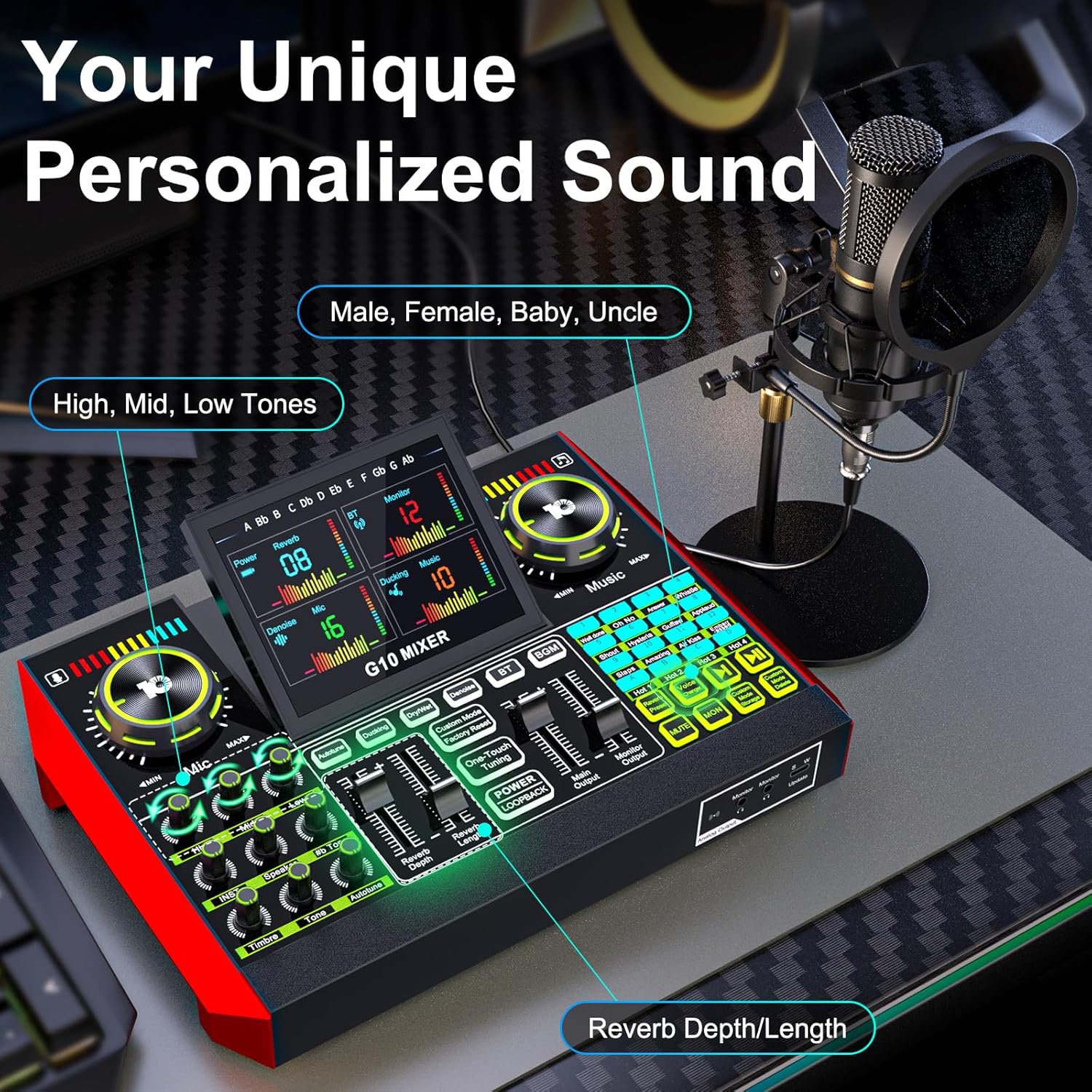 Podcast Microphone Bundle with Live Sound Card Audio Mixer, Podcast Equipment Bundle with 3.5mm Condenser Microphone for Pc/Phone Live Streaming Singing Gaming, Sound Board with Voice Changer, Denoise