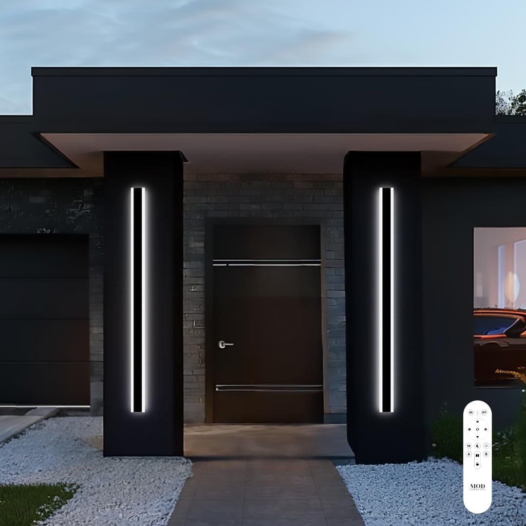 𝗠𝗢𝗗 𝗟𝗜𝗚𝗛𝗧𝗜𝗡𝗚 Haylen | Waterproof Outdoor Wall Light, LED Dimmable with Remote 3000K-6000K, Long Outdoor Porch Lights, Wired Lighting Fixture, Patio Exterior Wall Sconce, 2-Pack (Black, 59