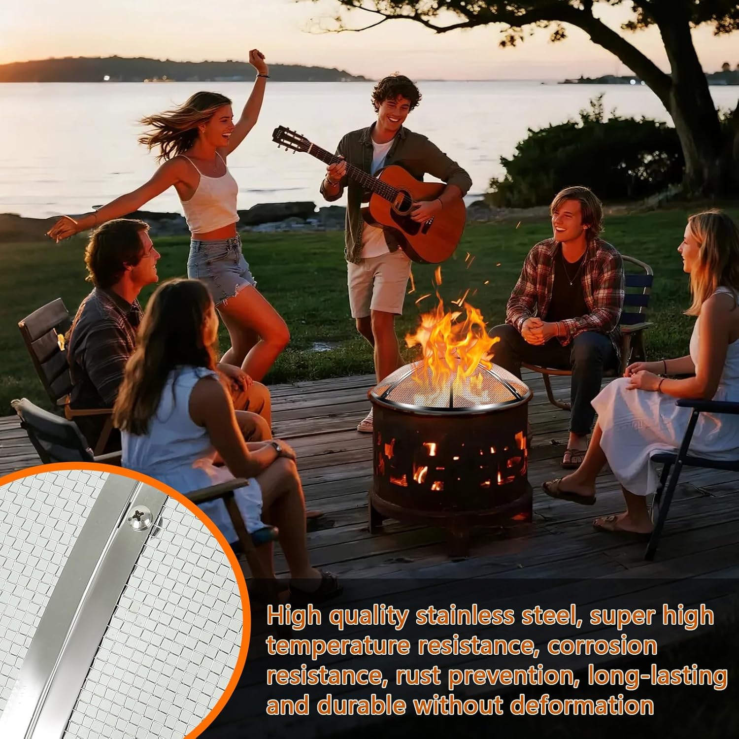 40 Inch Fire Pit Spark Screen,Stainless Steel Fire Pit Screen Cover with Handle&Poker,Outdoor Fire Pit Screen Cover Round Mesh Lid Heavy-Duty for Backyard/Beach/RV Camping