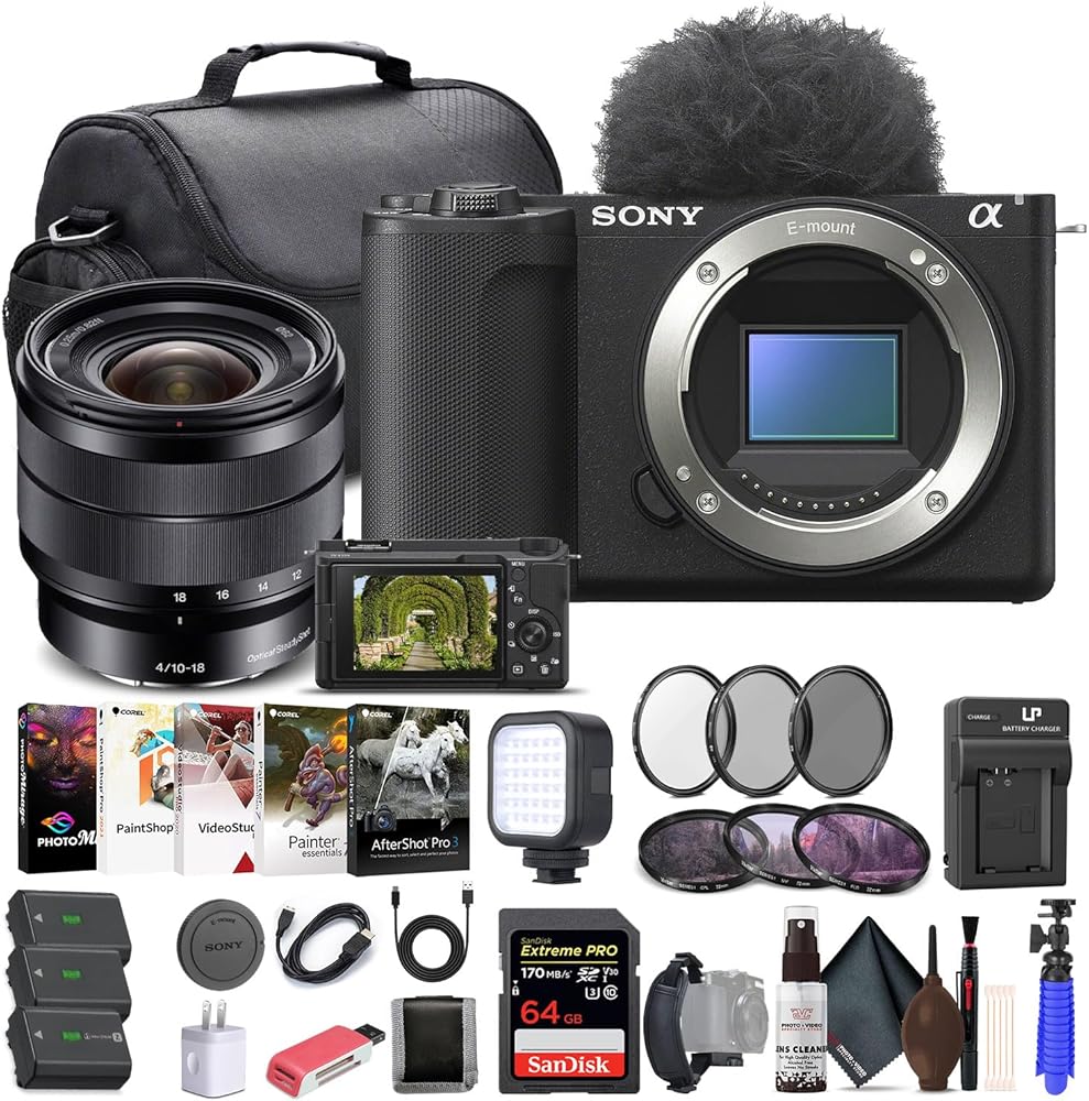 Sony Alpha ZV-E10 II Mirrorless Camera (Body Only, Black) (ZVE10M2KB), Sony E 10-18mm Lens, 64GB Memory Card, Filter Kit, Photo Software, Bag, 2 x NP-FZ100 Battery, External Charger, More
