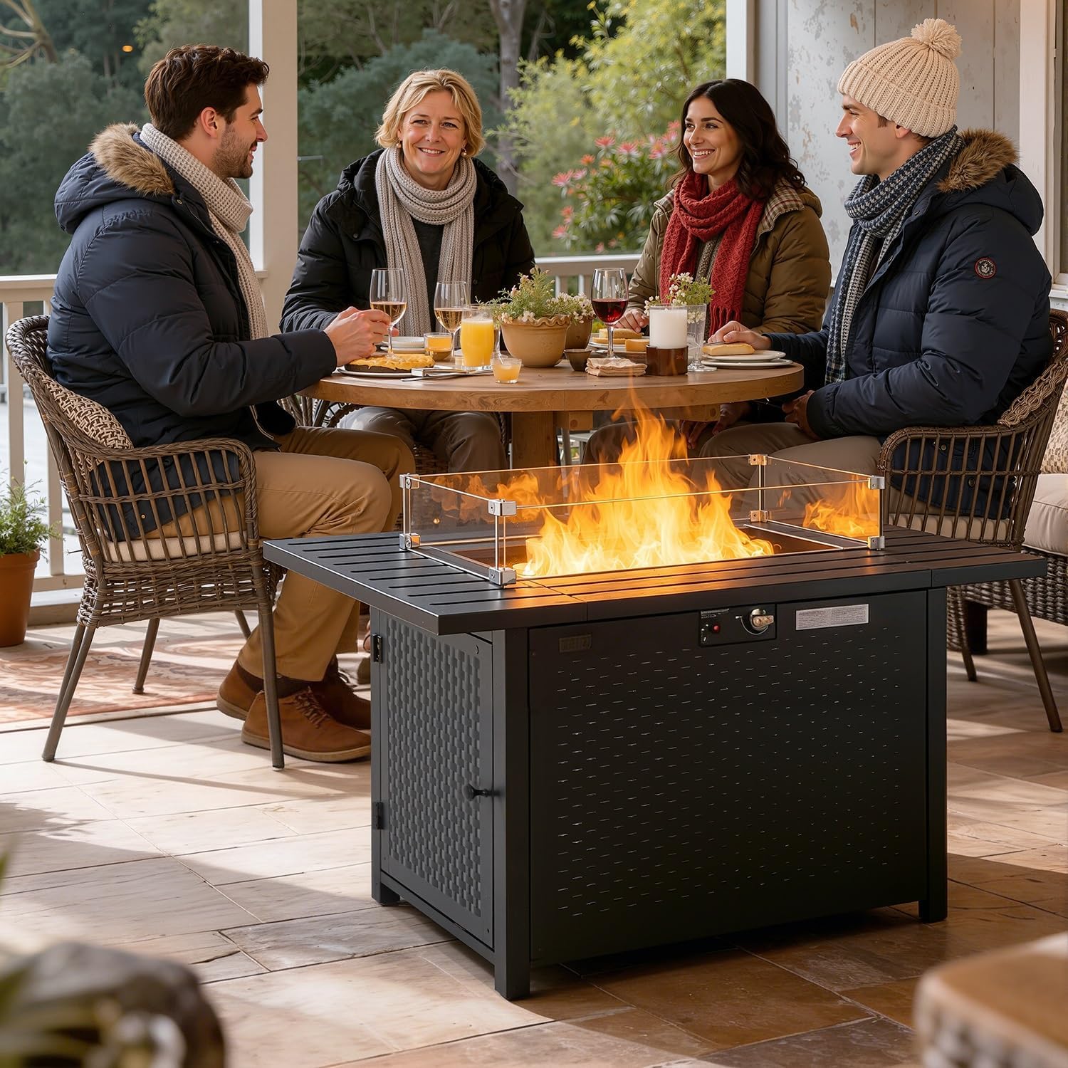 FDW 43 Inch Outdoor Propane Fire Pit Table with Glass Wind Guard, Rectangular Patio Fire Table, 50,000 BTU Smokeless Gas Firepit for Backyard, Garden & Poolside