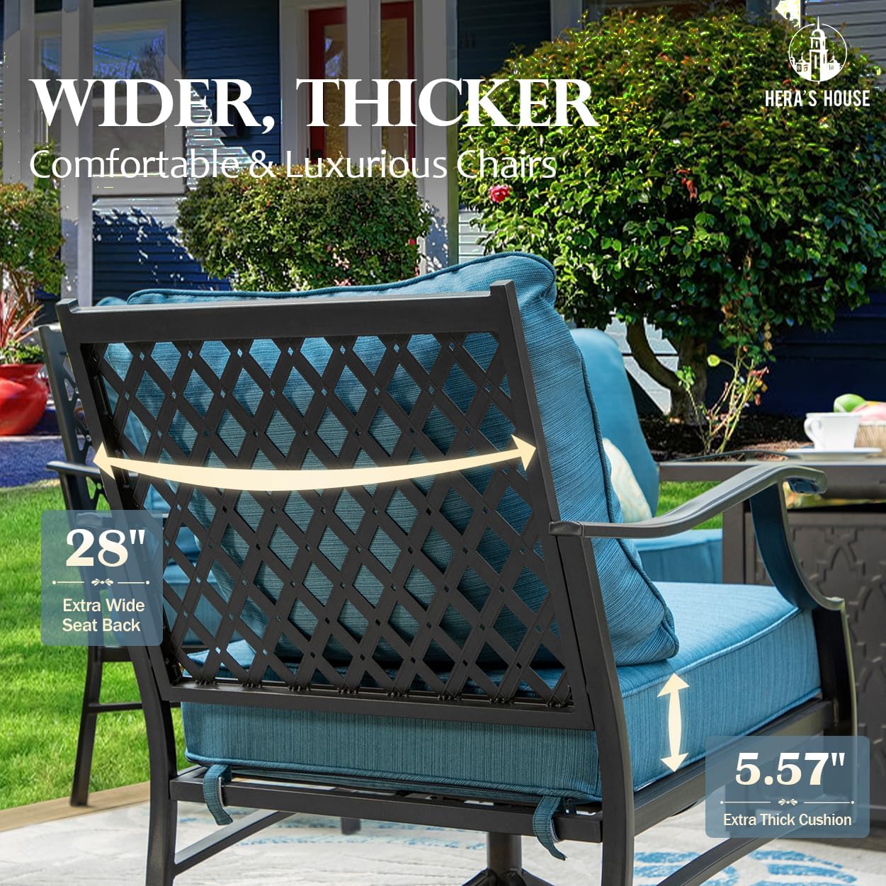 HERA'S HOUSE 5 Pieces Patio Furniture Set with Fire Pit Table, 4 x Thick Cushioned Rocking Chairs, 1 x 28 Fire Pit Table (50,000 BTU), Outdoor Conversation Set for Garden Backyard Lawn, Pacific Blue