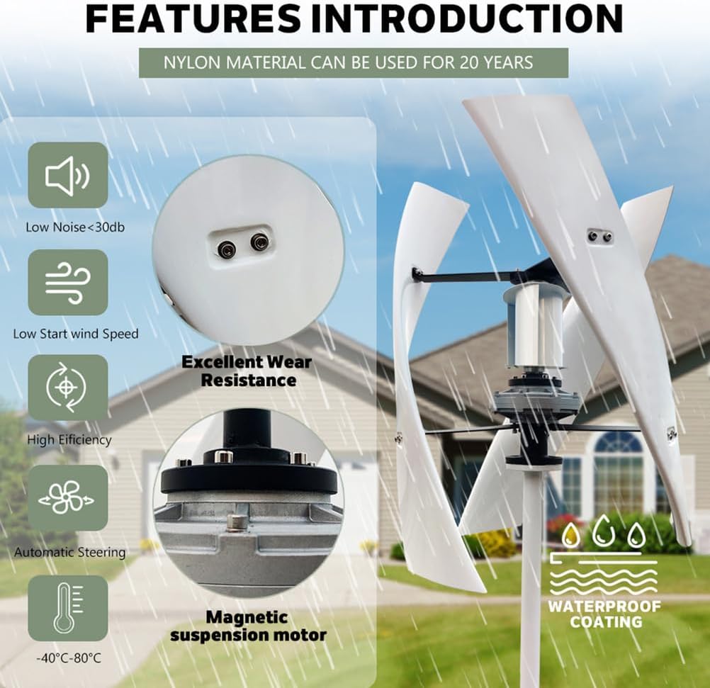 220V, Low Speed 3 Blades Wind Turbine 12V 24V 48V Vertical Axis Wind Turbine Generator with MPPT Controller for Emergency Power Generation for Outdoor 3000W