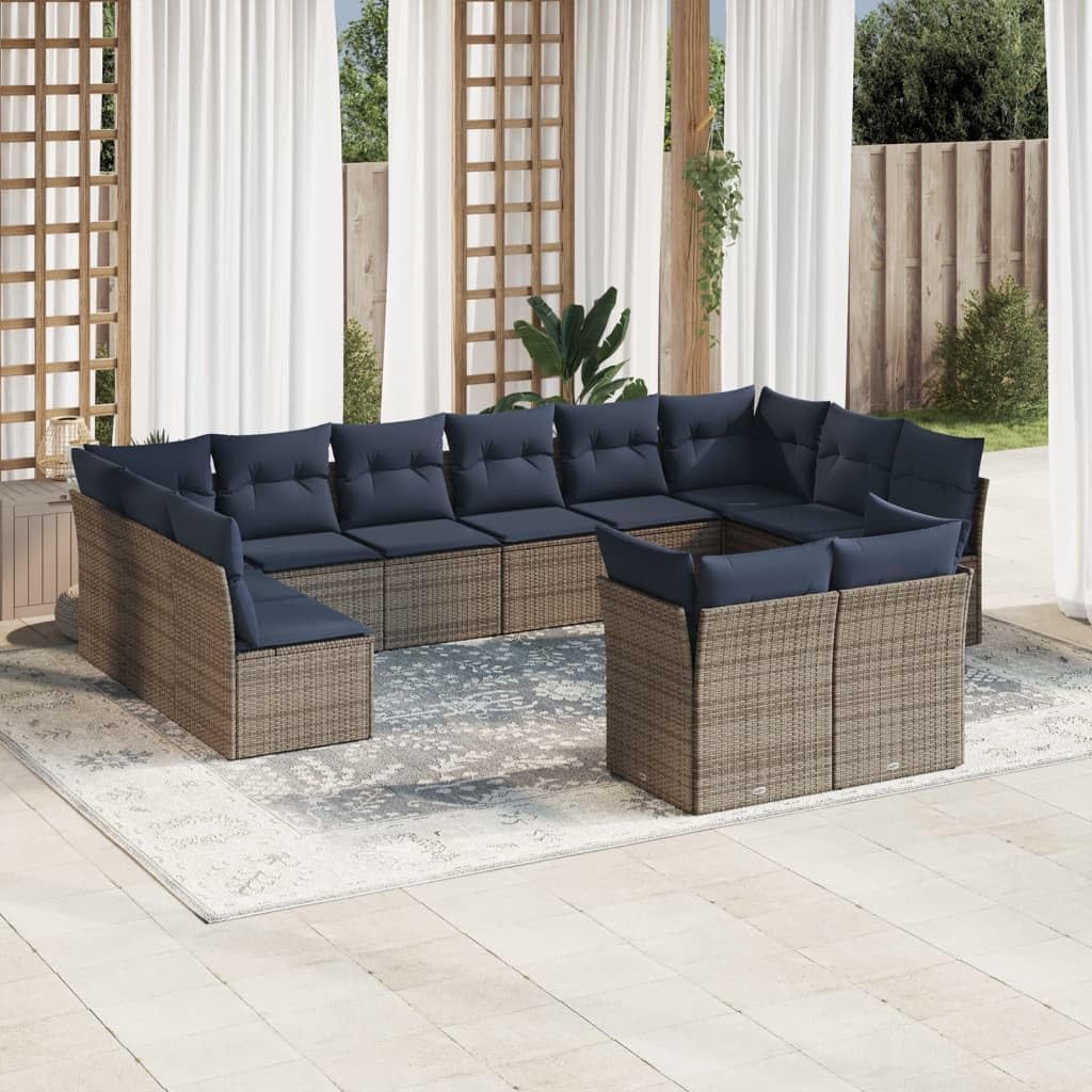 12 Piece Patio Sofa Set, Gray Poly Rattan Outdoor Furniture with Navy Cushions, Modular Garden Seating for Backyard Balcony