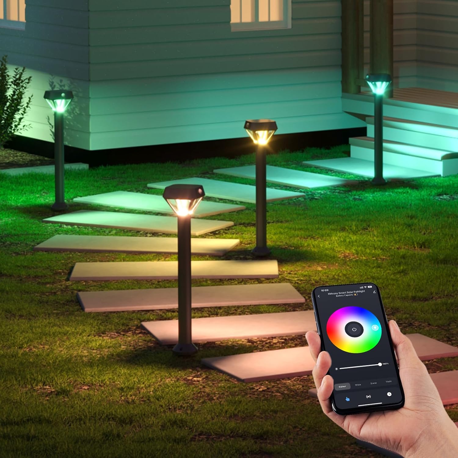 XMCOSY+ Smart Solar Pathway Lights, Bluetooth APP Control with Motion Sensor, 150LM RGBCW Color Changing Landscape Lighting for Yard, Garage, Garden, Lawn, IP65 Waterproof, 4 Pack