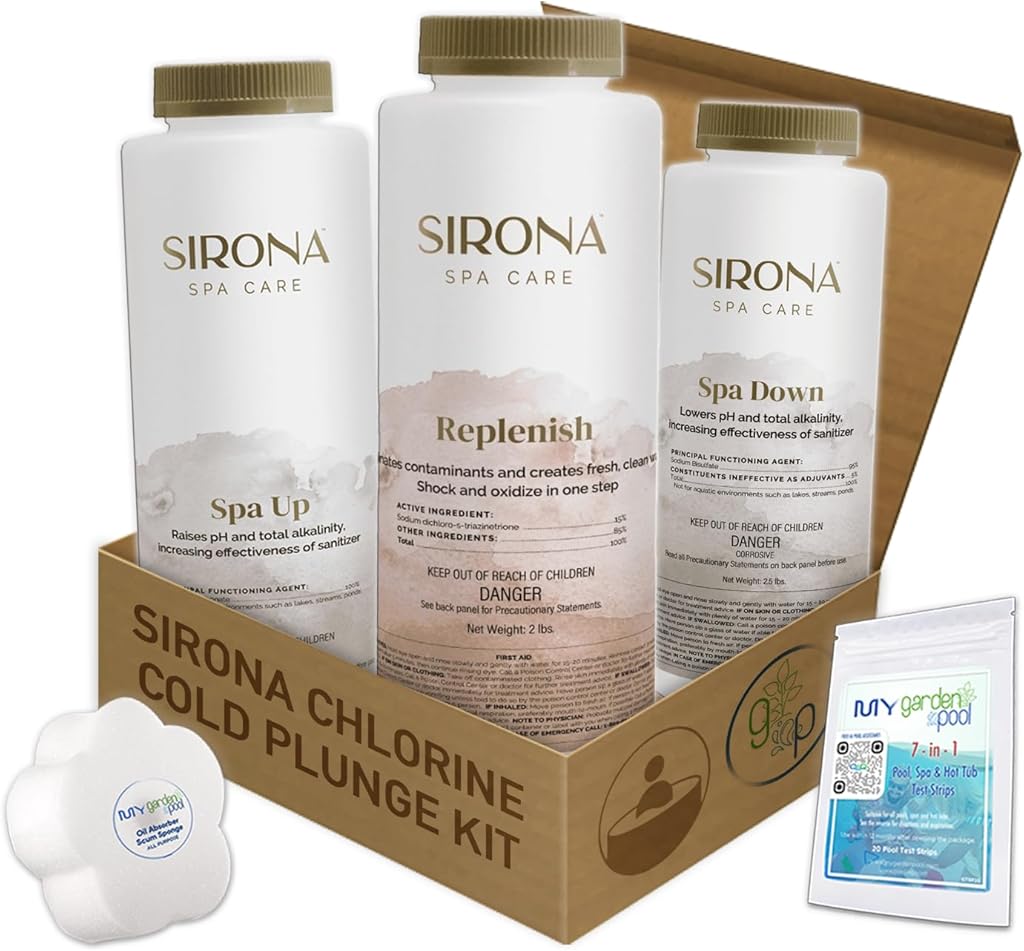 Sirona Chlorine Cold Plunge Kit – Spa Up, Spa Down, Replenish (Balancers & Oxidizer) – with My Garden Pool Scum Sponge & 7-in-1 Pool & Spa Test Strips (20 ct) – Water Balance for Cold Plunge Tubs