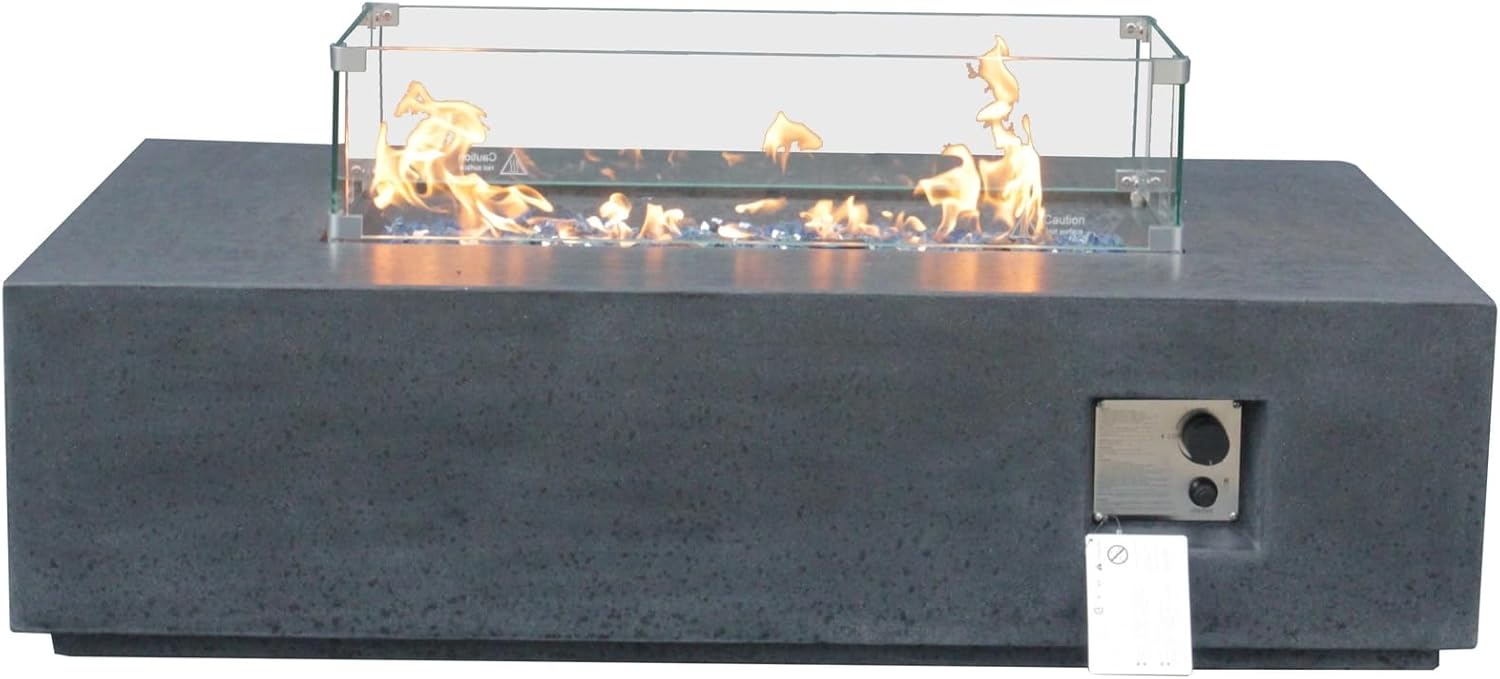 Penau 52 Inch Outdoor Concrete Propane Gas Fire Pit Table, 65000 BTUs, Dark Gray Color, Includes Glass Wind Guard and Waterproof Cover