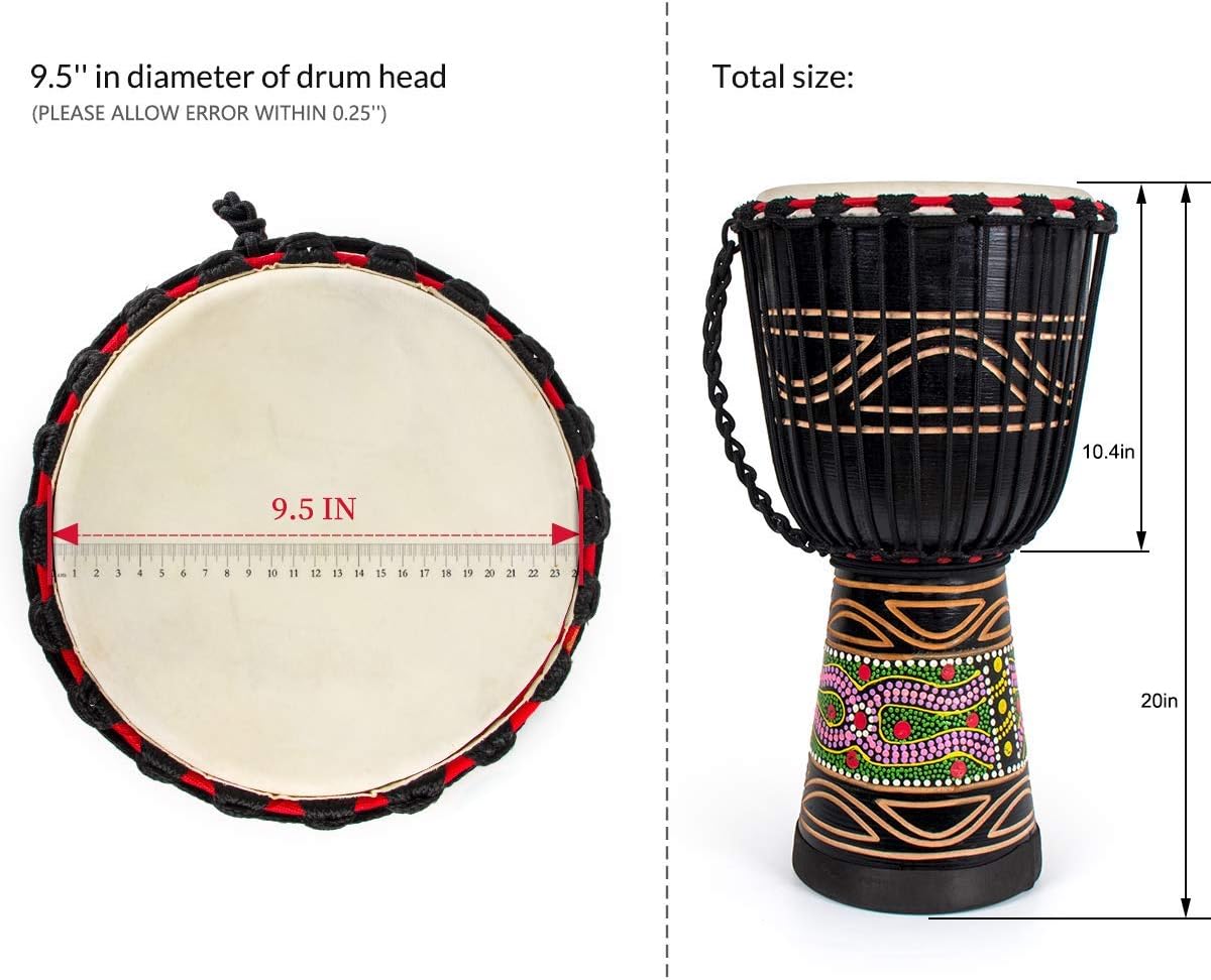 Djembe Drum, AKLOT African Drum Hand-Painted 10'' x 20'' Mahogany Goatskin Drumhead for Starter Beginners Adult for Over 8 Years Old