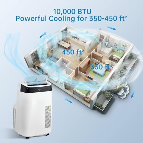 10000 BTUs Portable Air Conditioner, Cools up to 450 Sq. Ft. 3-in-1 Cooling, Dehumidification, Fan Mode, with Remote Control and Window Mounting Kit, LED Display, 24-Hour Timer, for Living Rooms