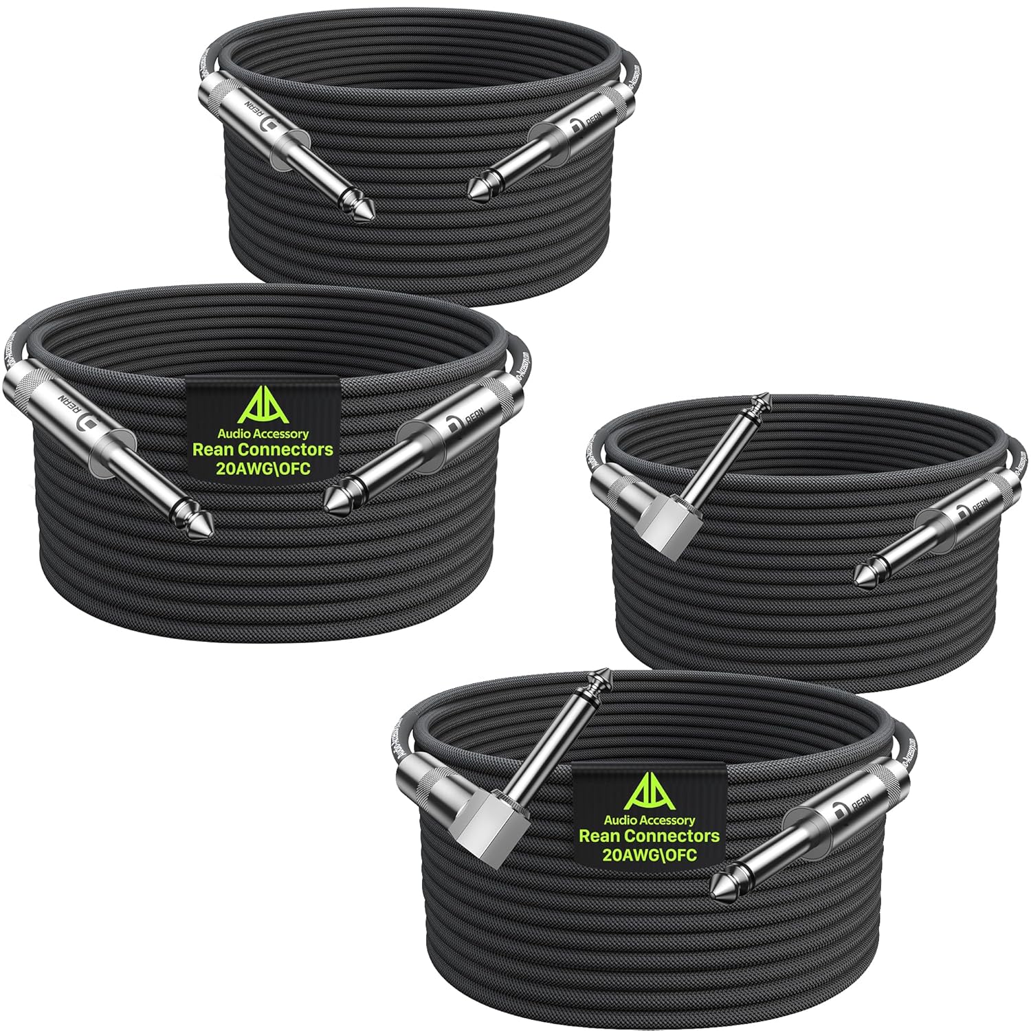 Guitar Cable 25ft 4 Pack (2*Straight & 2*Right Angle), Neutrik REAN Connectors, Kevlar-Reinforced Nylon Braided Cable, No Noise for Electric Guitar Bass AMP