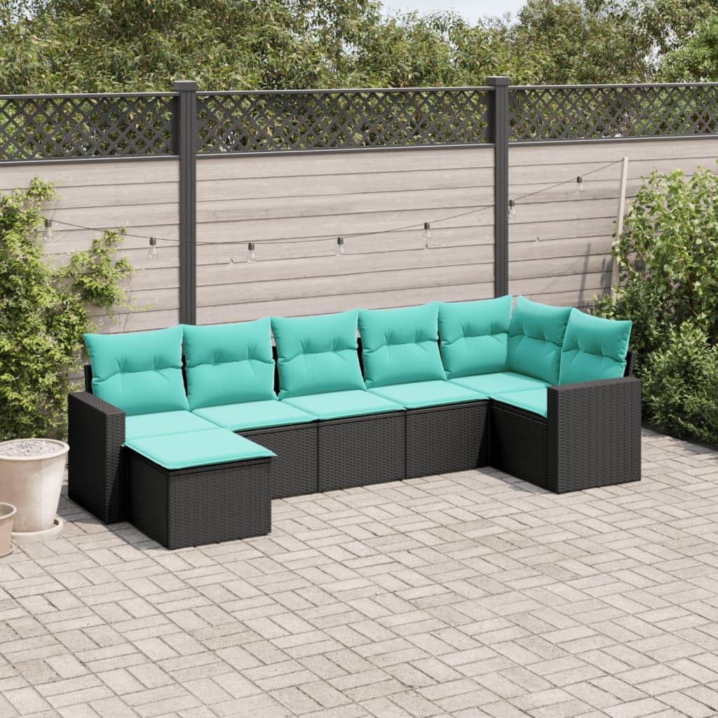 7 Piece Modular Garden Sofa Set Black PE Rattan, Outdoor Patio Furniture with Removable Covers, Weather-Resistant Seating for 7, Synthetic Poly Rattan, Dining Table Set
