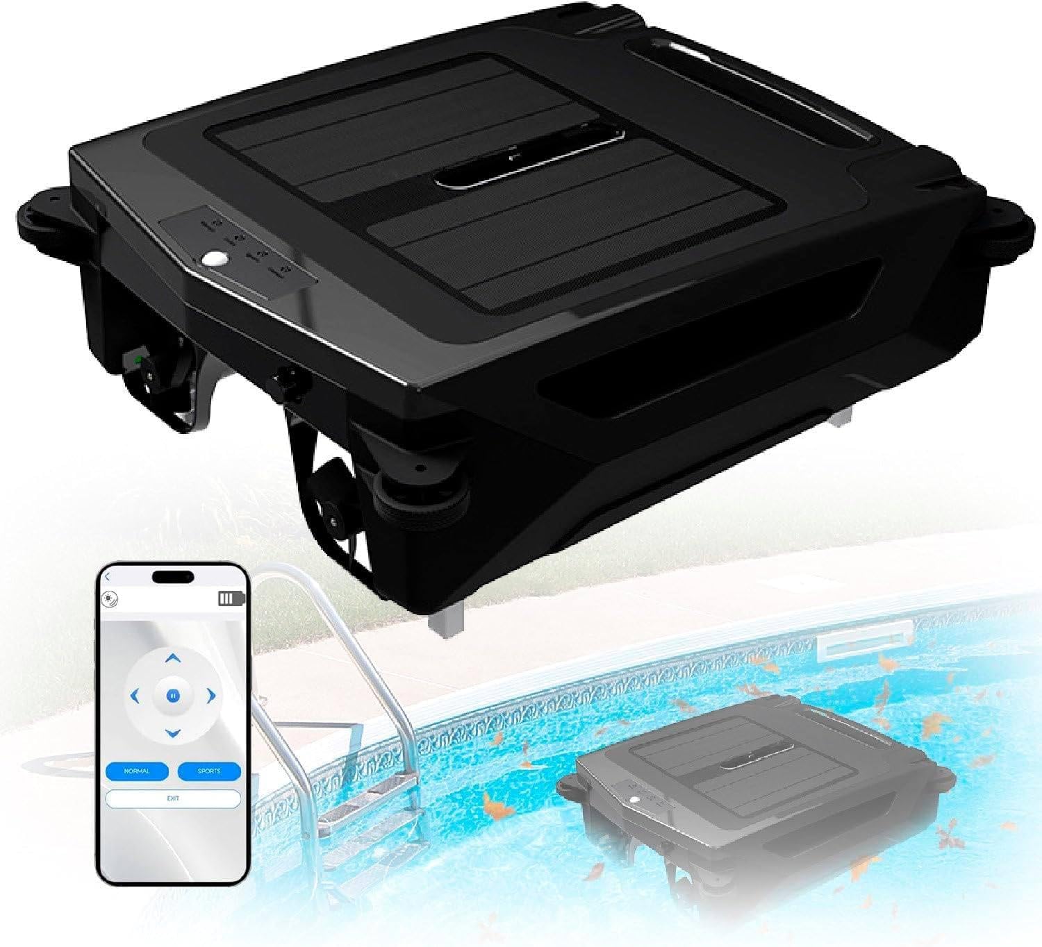 Solar Powered Robotic Pool Skimmer Cleaner, Auto Obstacle Avoidance, Dual Charging (Solar/Adapter), 3.4L Large Debris Bag, Ipx7 Waterproof Pool Skimmer for Pools up to 1076 Sq/Ft