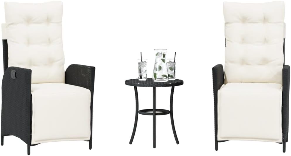 3 Piece Bistro Set with Cushions Black Poly Rattan,Modern Patio Bistro Set with Adjustable Backrests and Cushions for Outdoor Comfort Patio Furniture, Outdoor Furniture Sets