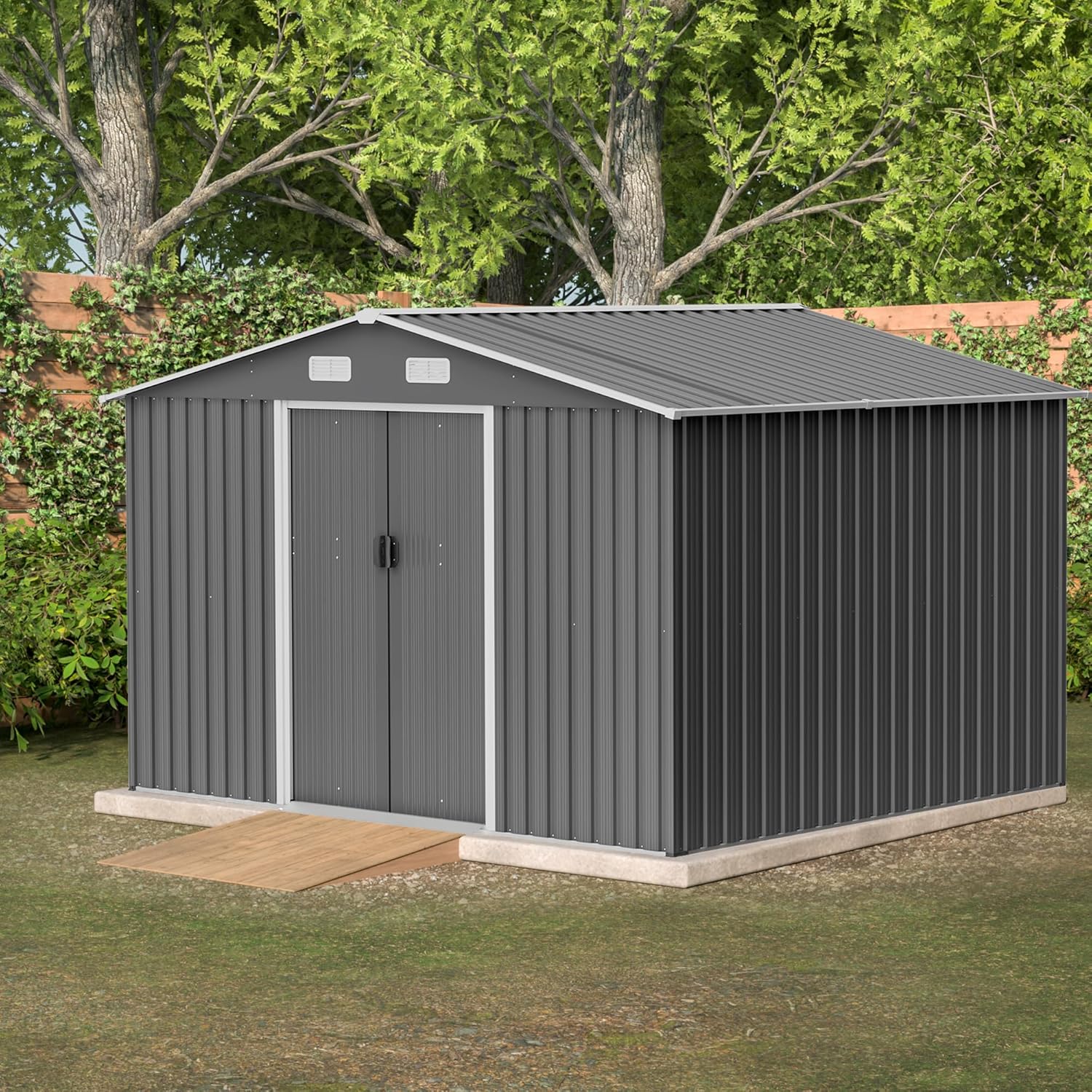 MyVoice 10x8 FT Outdoor Metal Storage Shed with Floor Frame, Lockable Door, Waterproof Tool Shed for Backyard, Garden, Lawn, Bike, Garbage or Pet House, Tall Utility Storage Shed with Vents