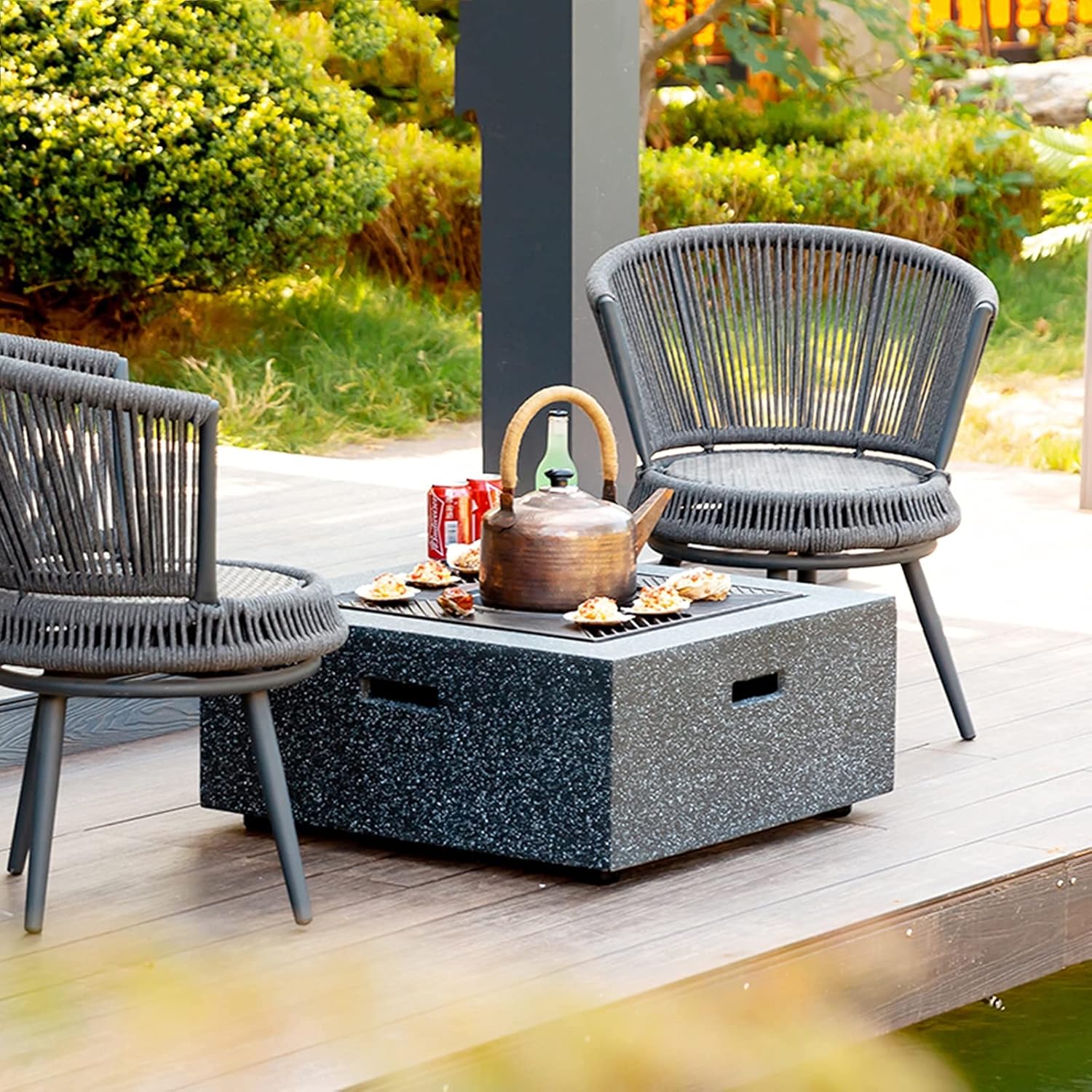 Fire Pit Wood Burning fire Pit, Bonfire Magnesia Square Base Charcoal Grill, with Barbecue Set