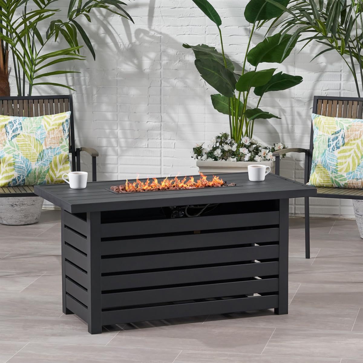 47-inch Rectangular Iron Fire Pit, 30,000 BTU Black Outdoor Propane Fire Pit Table with Internal Tank Storage, Modern Patio Heater for Backyard Garden Deck
