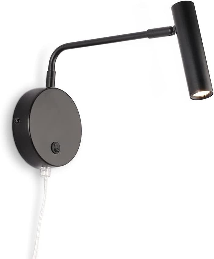with Wired Plug Adjustable Angle 3 Watt LED Wall Lamp - Indoor Lighting Fixture Bedroom Bedside Reading Wall Lamp (Black White Light)