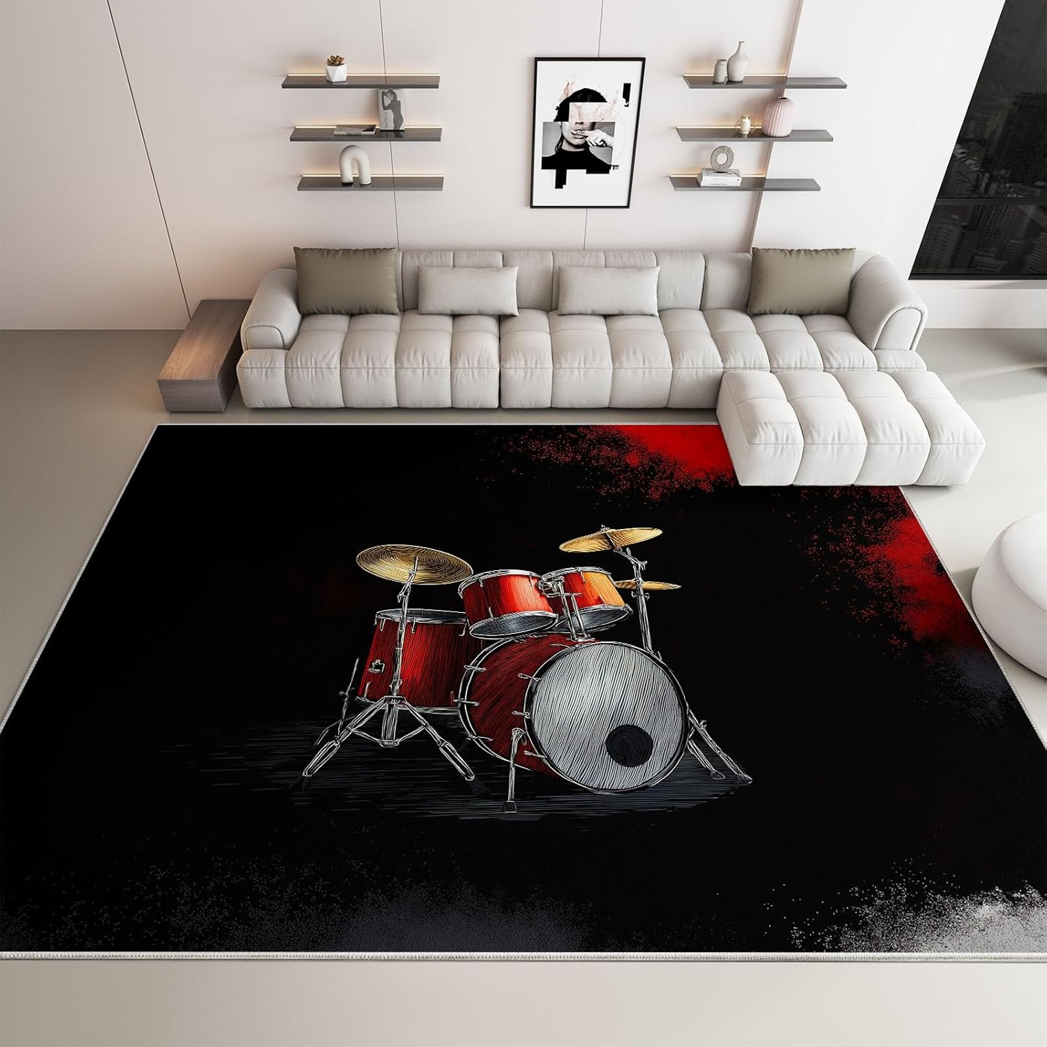 4x6 ft Area Rug for Bedroom, Washable Rugs for Living Room, Musical Instruments Drum Kit Notes Indoor Faux Wool Kids Rug Black Throw Carpets Soft Low Pile Mat for Bedside Entryway