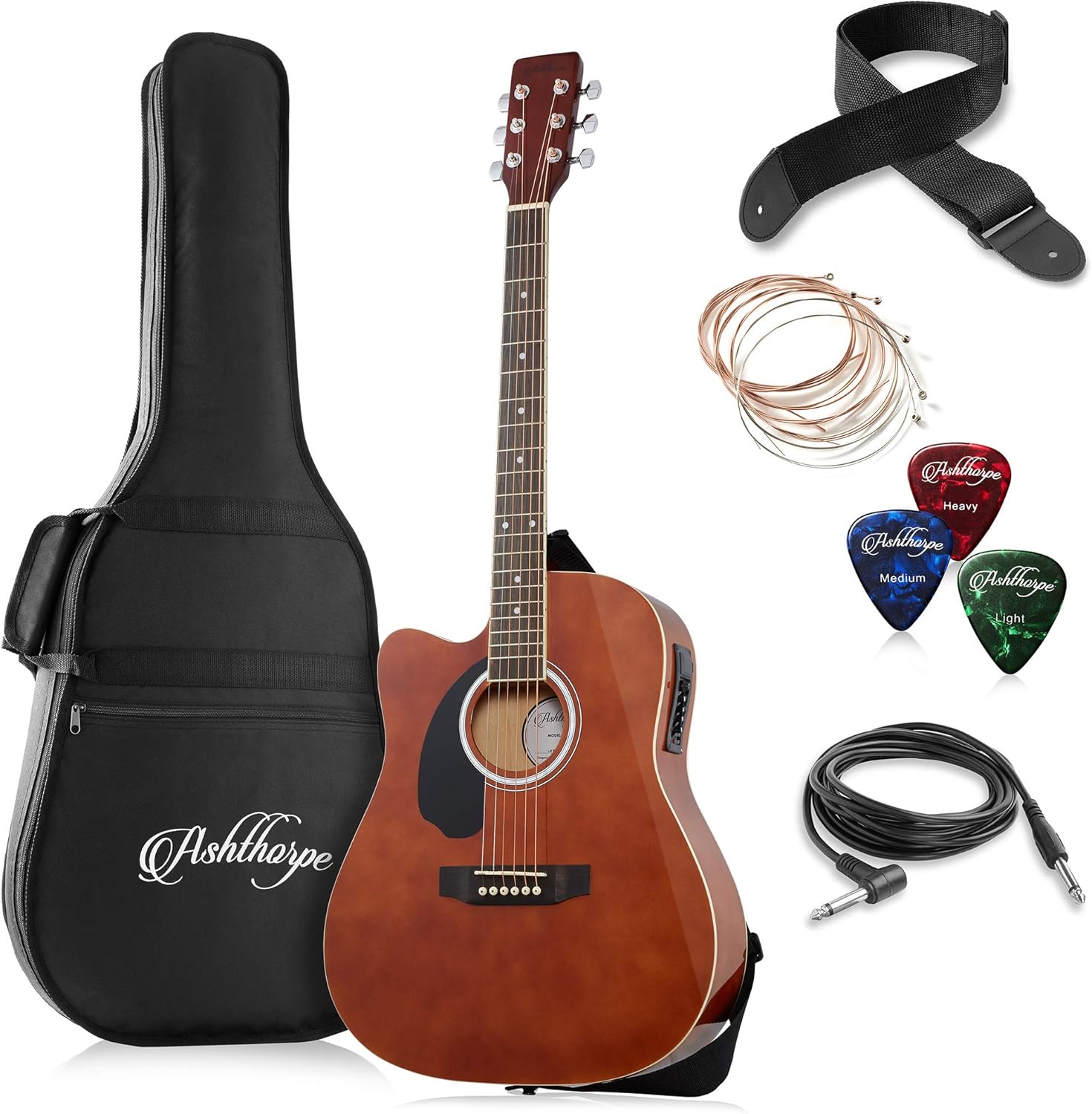 Ashthorpe Full-Size Left-Handed Dreadnought Cutaway Acoustic-Electric Guitar Bundle - Premium Tonewoods - Brown