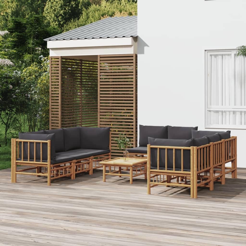 9 Piece Patio Lounge Set with Dark Gray Cushions Bamboo,Elegant Bamboo Patio Lounge Set: Comfort, Durability, and Style for Your Outdoor Oasis Outdoor Furniture Sets, Patio Furniture