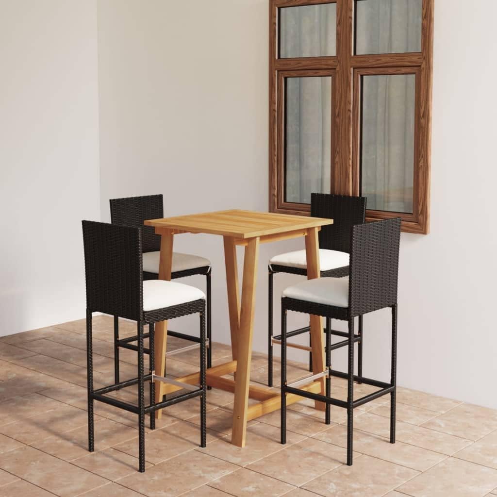 5 Piece Patio Bar Set with Cushions Black,AllWeather Garden Bar Set with Acacia Wood Table and Rattan Bar Stools Furniture Sets for Patio, Lawn & Garden