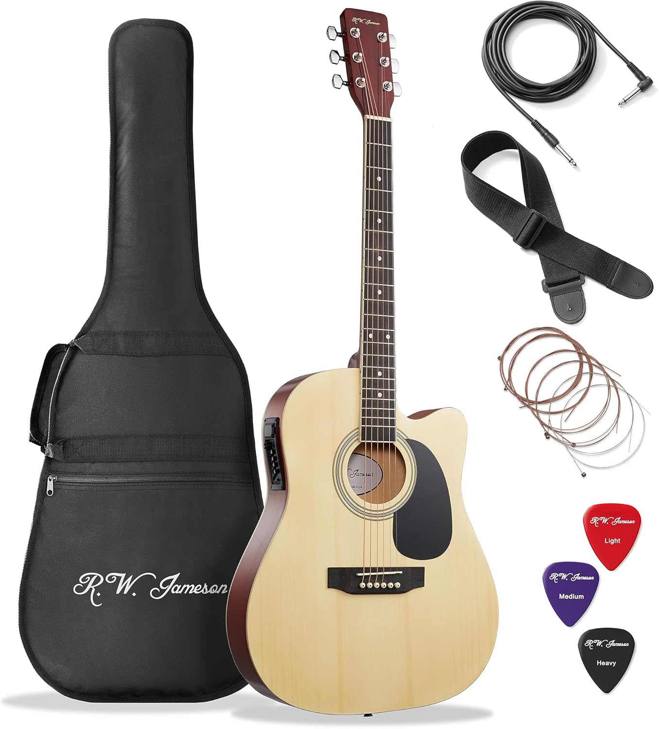 Jameson Guitars Full Size Thinline Acoustic Electric Guitar with Free Gig Bag Case & Picks Natural Right Handed