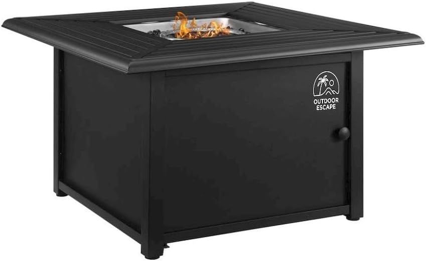 Black Fire Pit Table with Slatted Top and Covers – Propane Backyard Fireplace with Glass Beads and Tank Storage for Patio Furniture Use