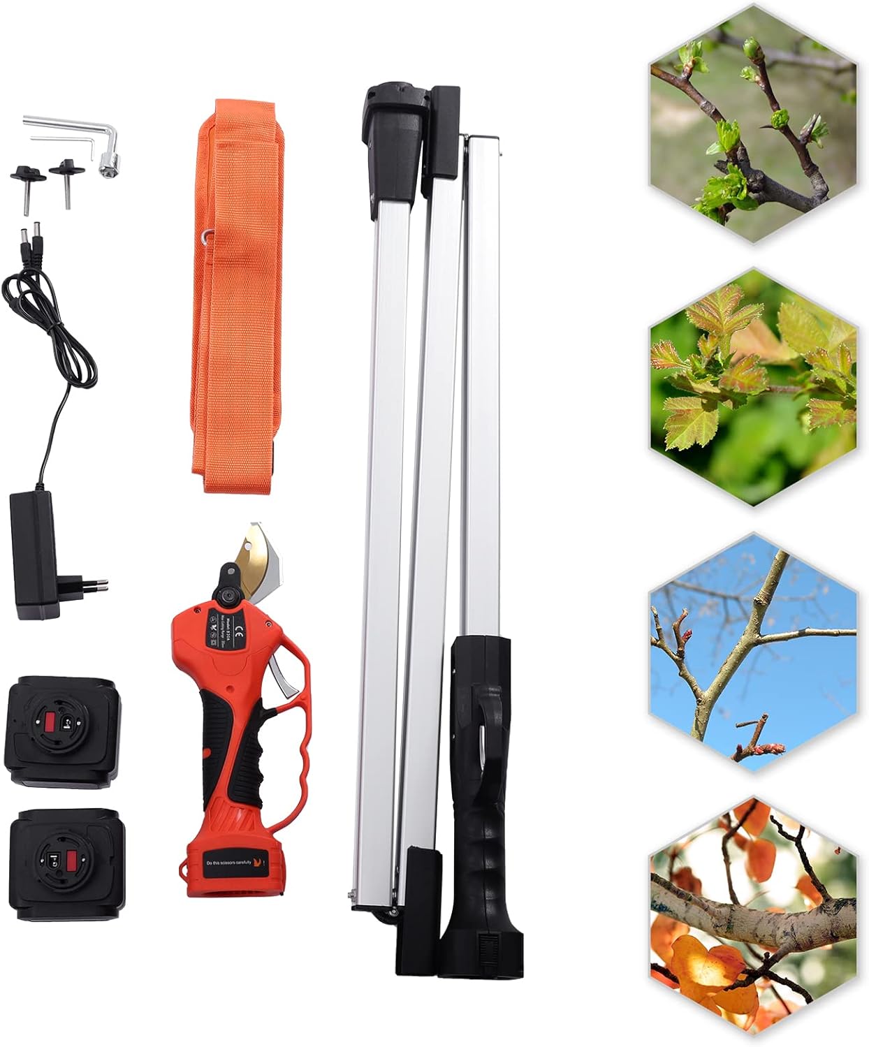Electric Pruner Cordless Pruning Shears with High Reach Extension Pole Tool Belt, Tree Trimmers Long Handle with 2Pcs Rechargeable Lithium Battery