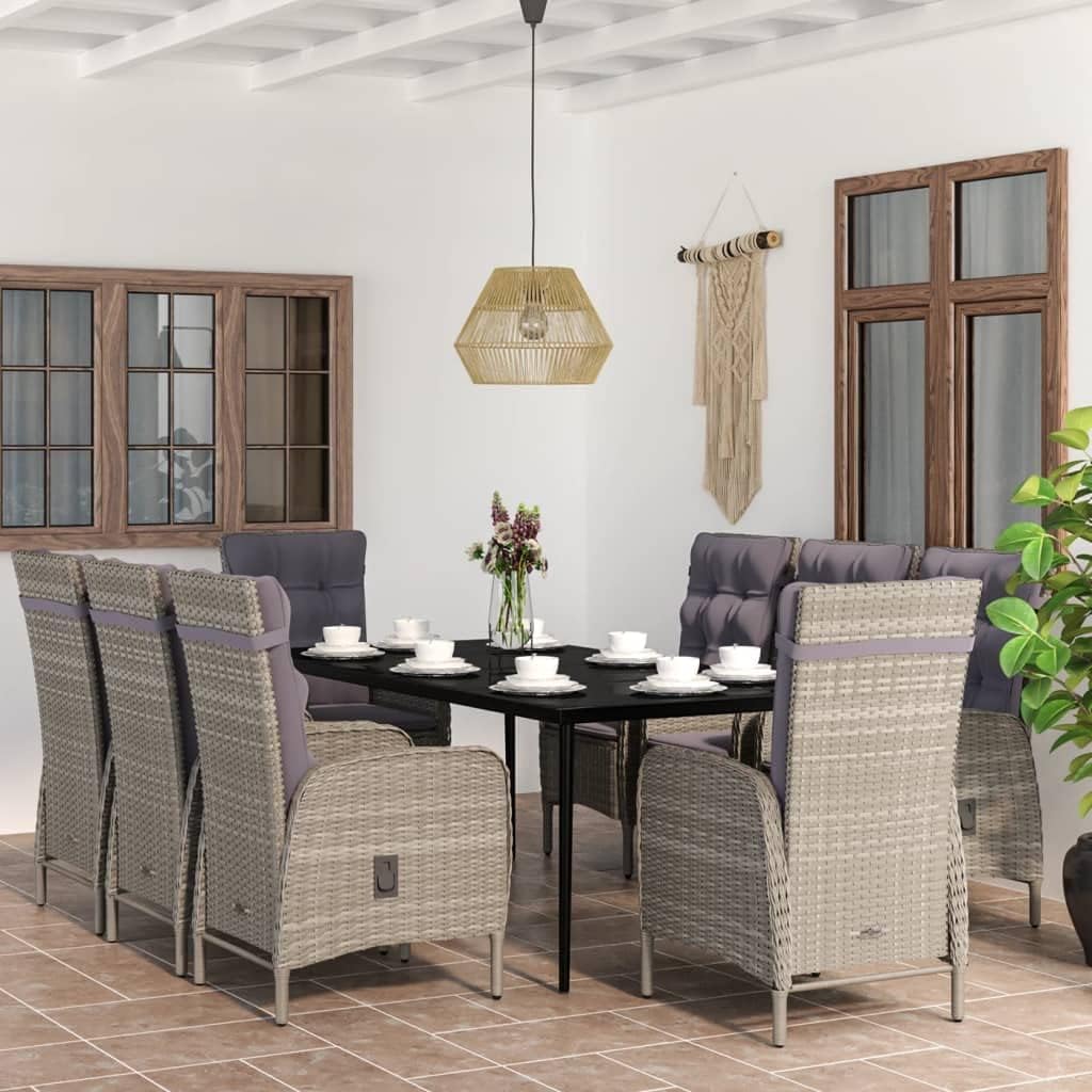 9 Piece Patio Dining Set with Cushions Gray and Black,Modern and Durable Outdoor Dining Set with Cushioned Rattan Chairs and Glass Table Furniture Sets for Patio, Lawn & Garden