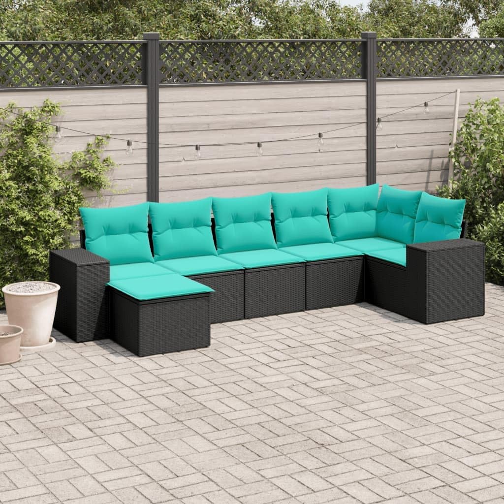 7-Piece Modular Patio Sofa Set Black, Blue PE Rattan, Powder-Coated Steel, Outdoor Furniture for Garden, Terrace, Balcony Seating