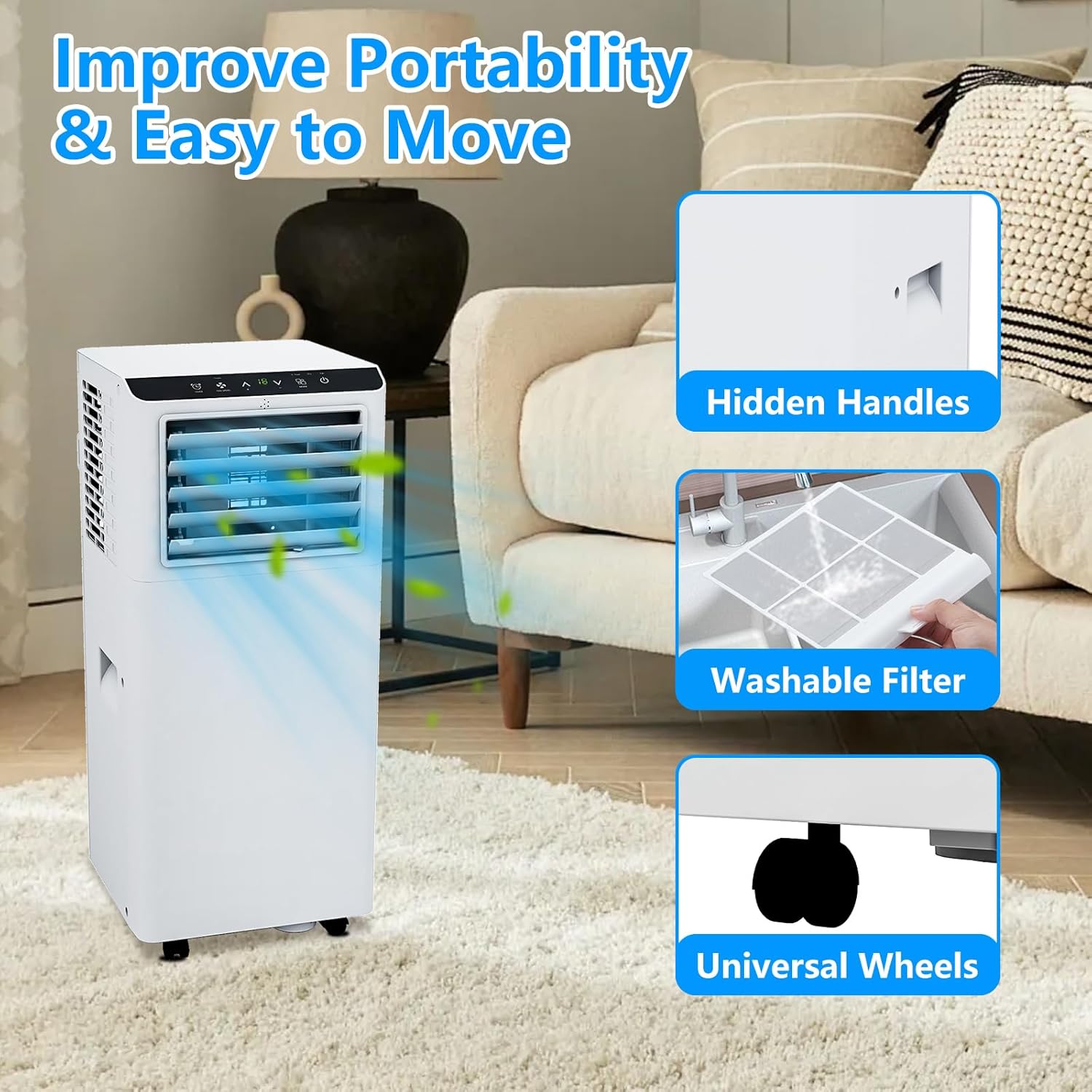 Portable Air Conditioner, 8000 BTU Air Conditioner with Remote Control,Quiet AC Unit with Cool, Dehumidifier & Fan Mode, 24 Hour Timer, Room Cooling Up to 350 sq ft