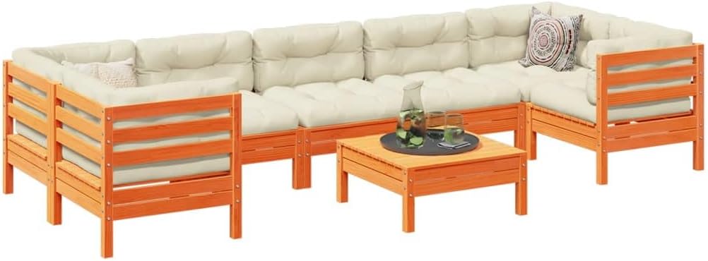 8-Piece Garden Sofa Set, Wax Brown Solid Pine Wood, Weatherproof Cream Cushions, Outdoor Patio Furniture, for 8 People, Terrace Backyard