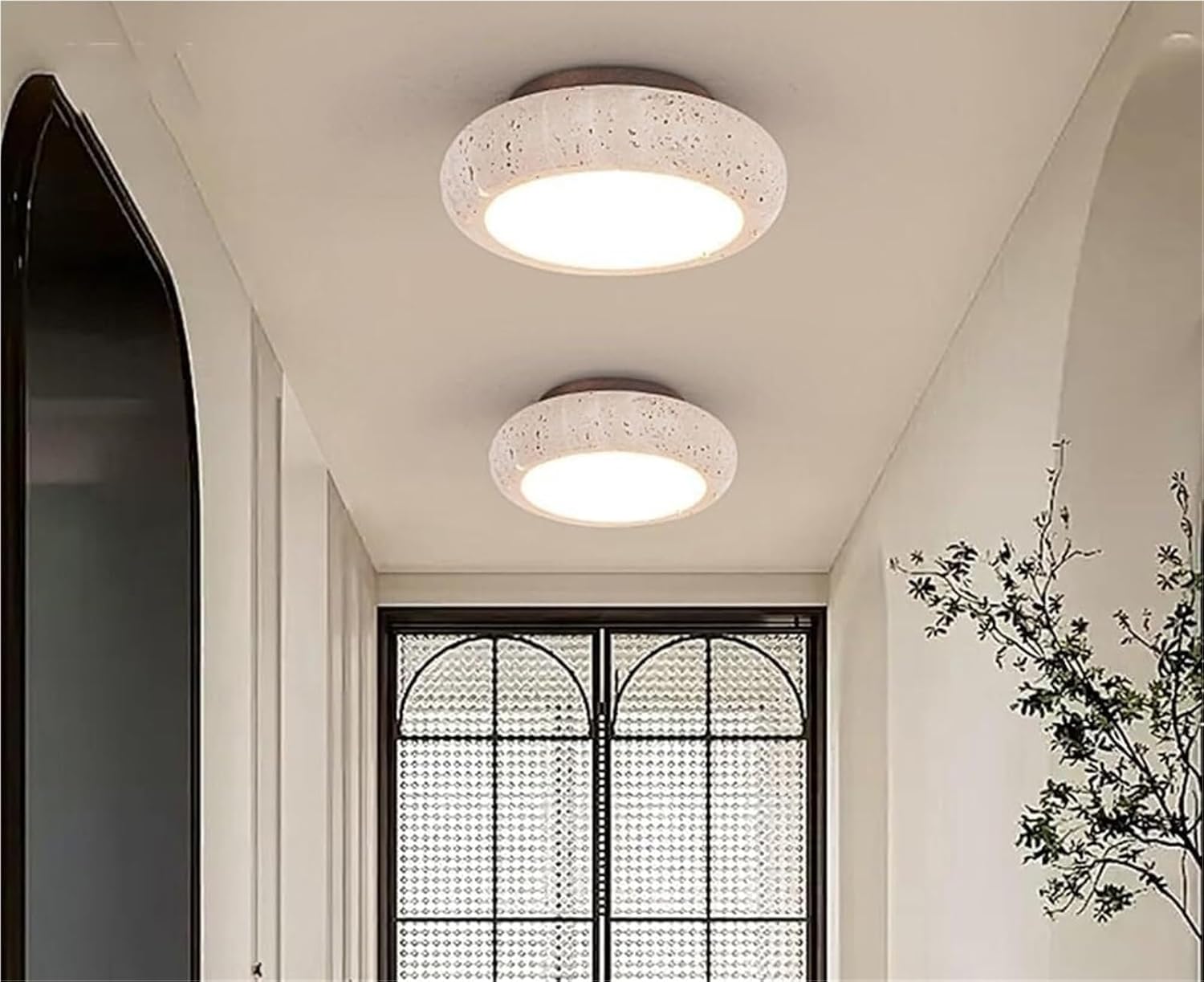 Modern Travertine Stone and Solid Wood Ceiling Light, Round LED Flush Mount, Japanese Minimalist, 7.8