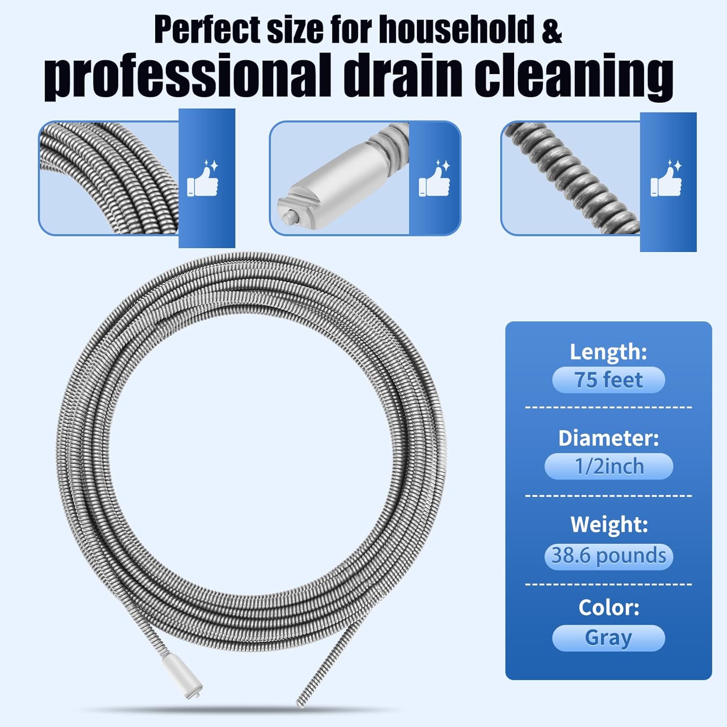 Upgraded 87597 1/2-Inch x 75-Feet C-45IW Solid Core Cable, Compatible with RIDGID K-3800, K-400 & More, Inner Core Cable for Home Drain, Drain Cleaning Equipment, Steel Pipe Snake for Drain Cleaning