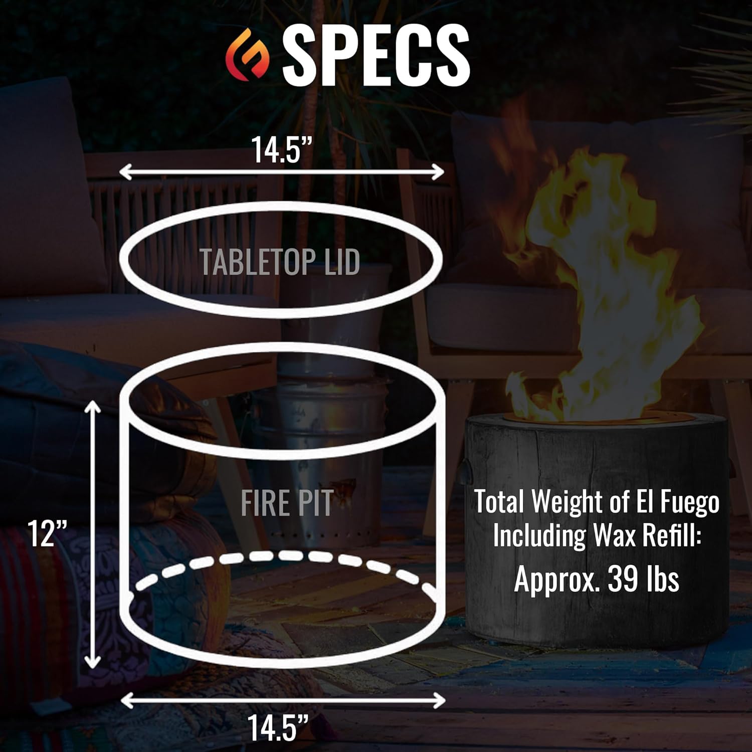 El Fuego Wax Fire Pit – Lights in Seconds for Instant Heat with No Wood Smoke, Low Maintenance, The Ultimate in Convenience - Original