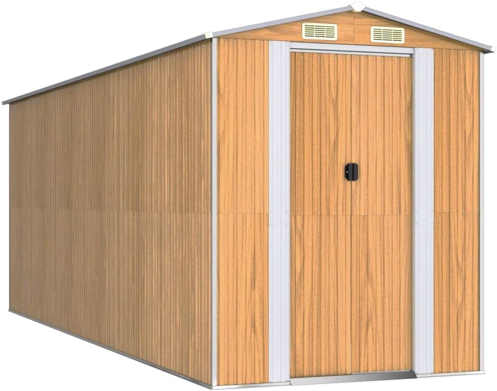 Galvanized Steel Garden Shed, Large Sliding Doors, Light Brown, Outdoor Storage Shed for Backyard, Patio, and Lawn Tools