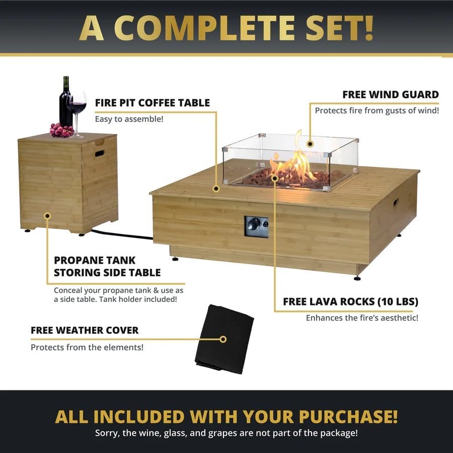 43-Inch Outdoor Propane Square Fire Pit Table, Super Stable Wood Frame 50,000 BTU CSA Certified Smokeless Firepit Table, Includes Side Table Weatherproof Cover Lava Rock for Families, Deck, Backyard