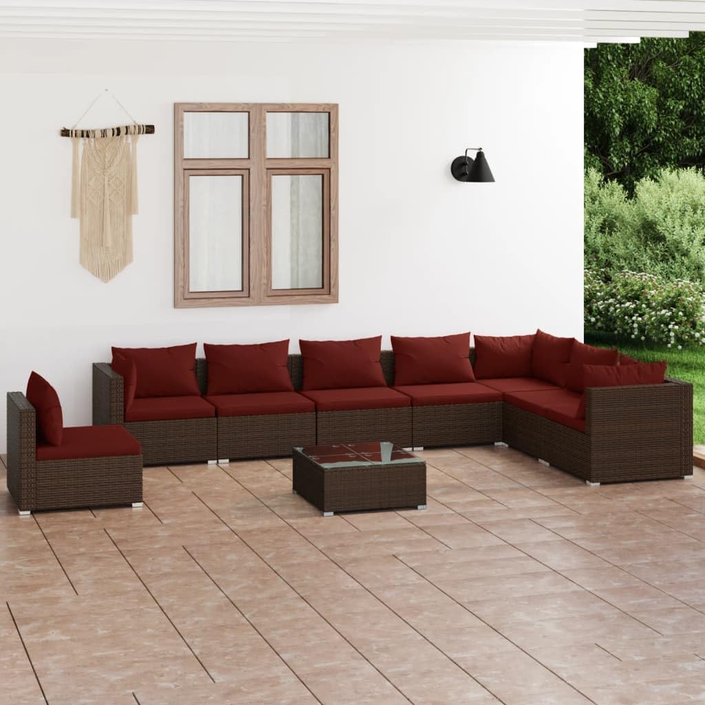 9 Piece Patio Lounge Set with Cushions Poly Rattan Brown,Modern Patio Lounge Set with PE Rattan and Comfortable Cushions for Outdoor Relaxation Outdoor Furniture Sets, Patio Furniture