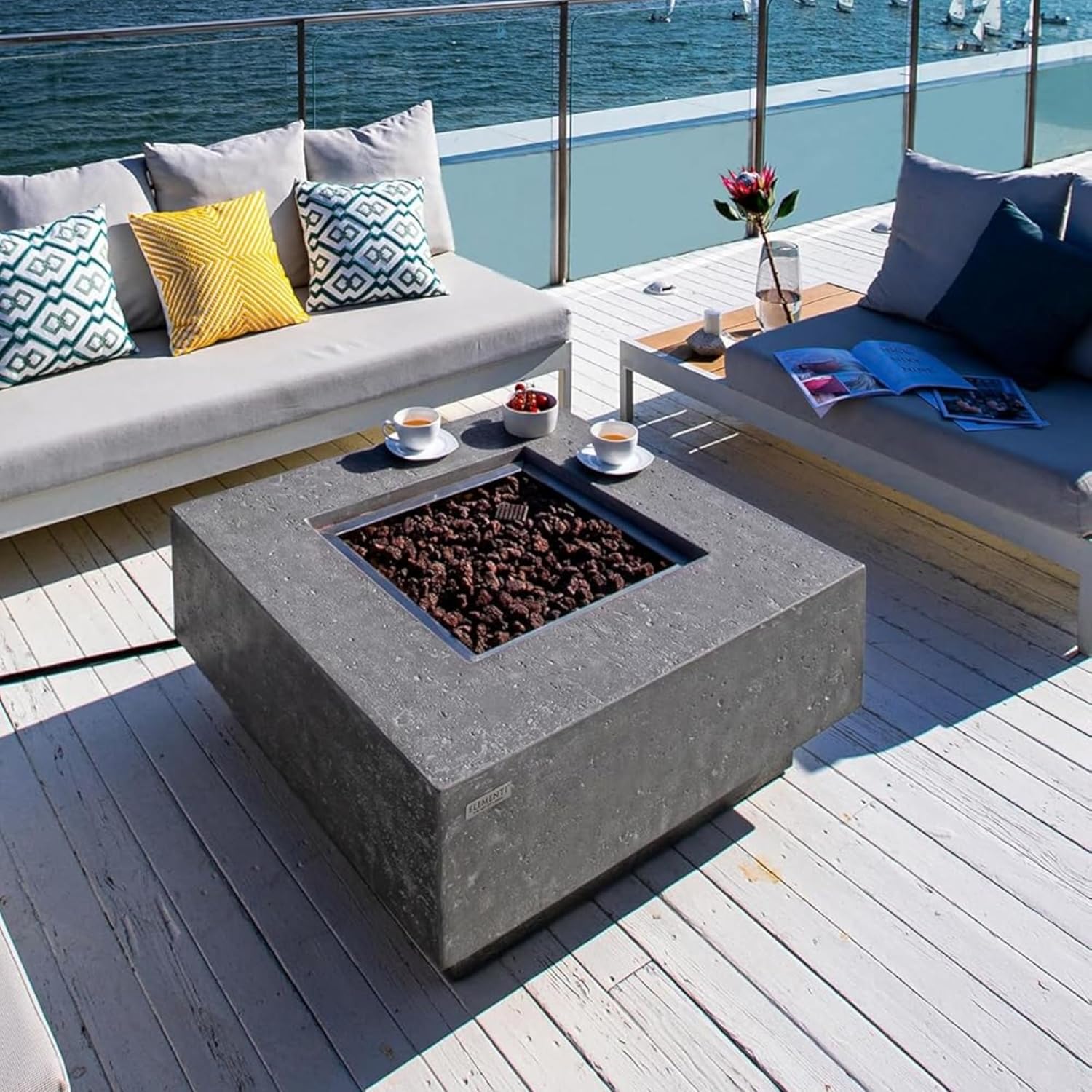 Manhattan Fire Table Light Grey Propane Gas Fire Pit Modern Outdoor Concrete Fire Table with Lava Rocks & Weather-Resistant Finish Elegant Patio Heating