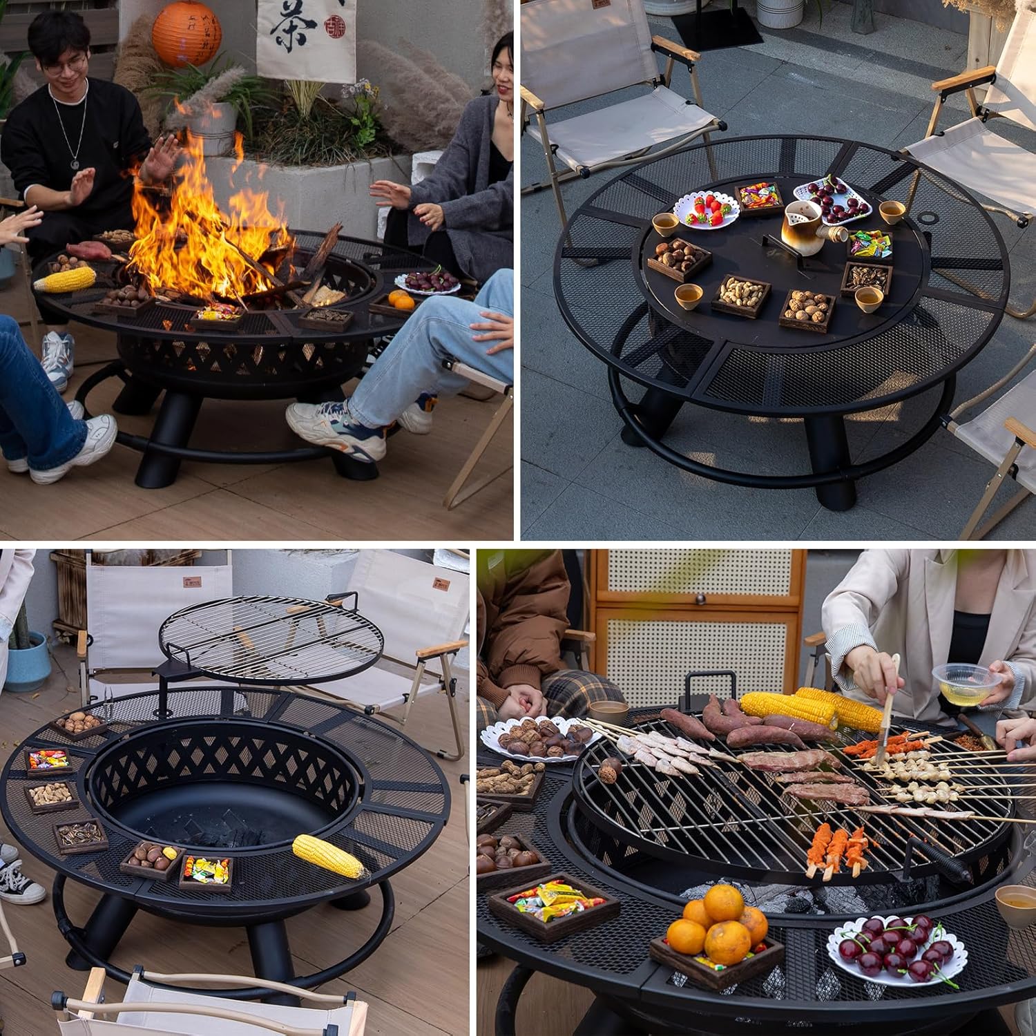 47 Inch Outdoor Fire Pits with Grill & Lid Outdoor Metal Wood Burning Fire Pit for Patio Multifunctional Large Firepit with Fire Poker for Backyard Garden Bonfire (Black)