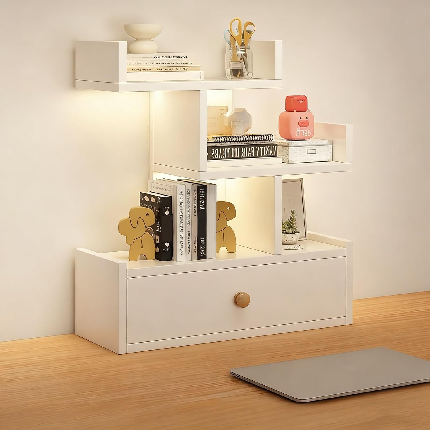 Desktop Bookshelf Storage Organizer Bookcase, Freestanding Display Rack Shelving Unit Small Book Organizer Hutch for Top of Desk Shelf(White)