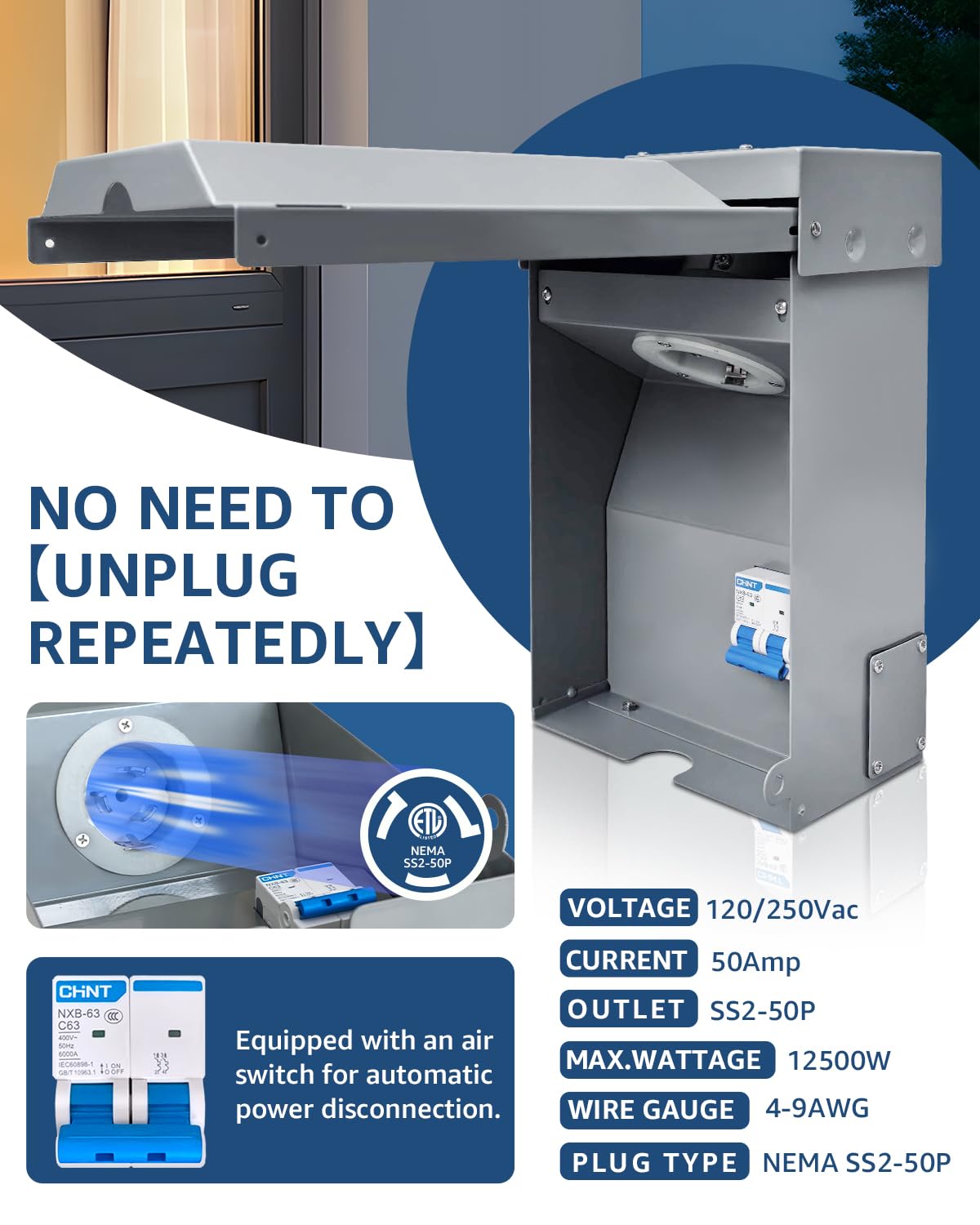 50 Amp Generator Inlet Box with Air Switch, NEMA SS2-50P Power Inlet Box for 3-Prong Generator Cord, 125/250V, Generator Plug Weatherproof Outdoor Use