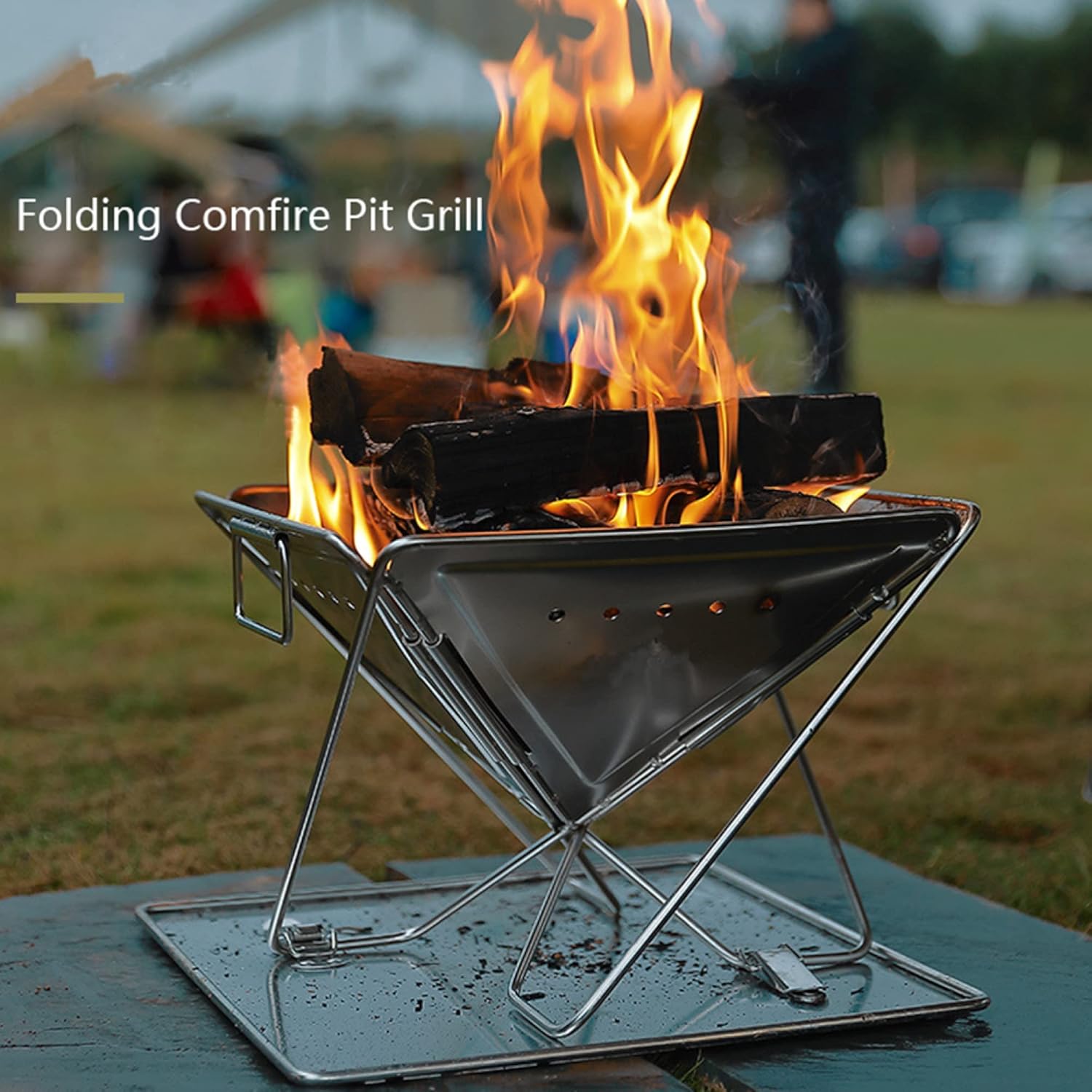 Folding Campfire Grill Outdoor Charcoal Barbecue Rack Stainless Steel Portable Camping Fire Pit Wood Burner Stove with Carrying Bag for Travel Picnic Garden