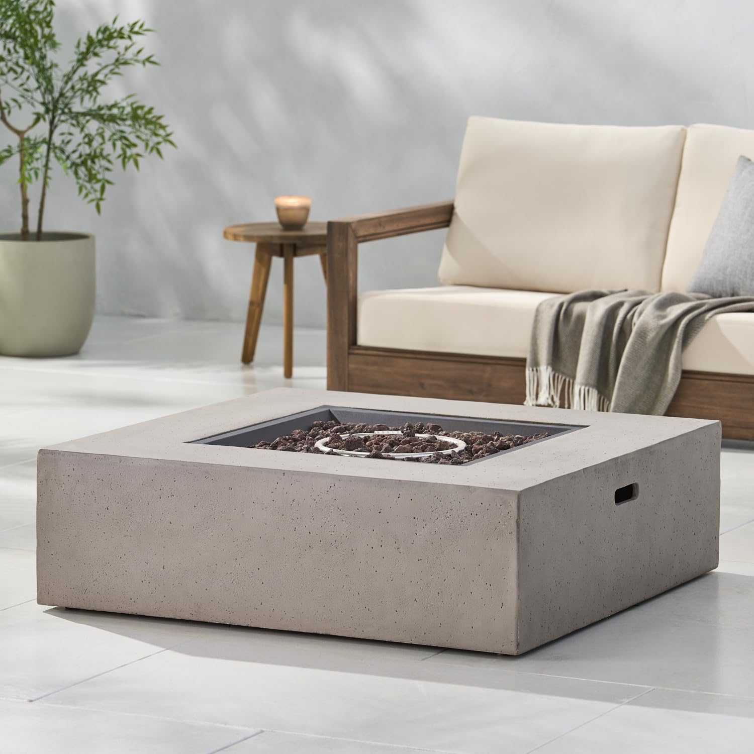 50 000 Btu Square Fire Table Tank Outside Magnesium Oxide Light Grey 50,000 Btu Propane Gas Fire Pit Outdoor Lawn, Porch Cozy Outdoor Gatherings