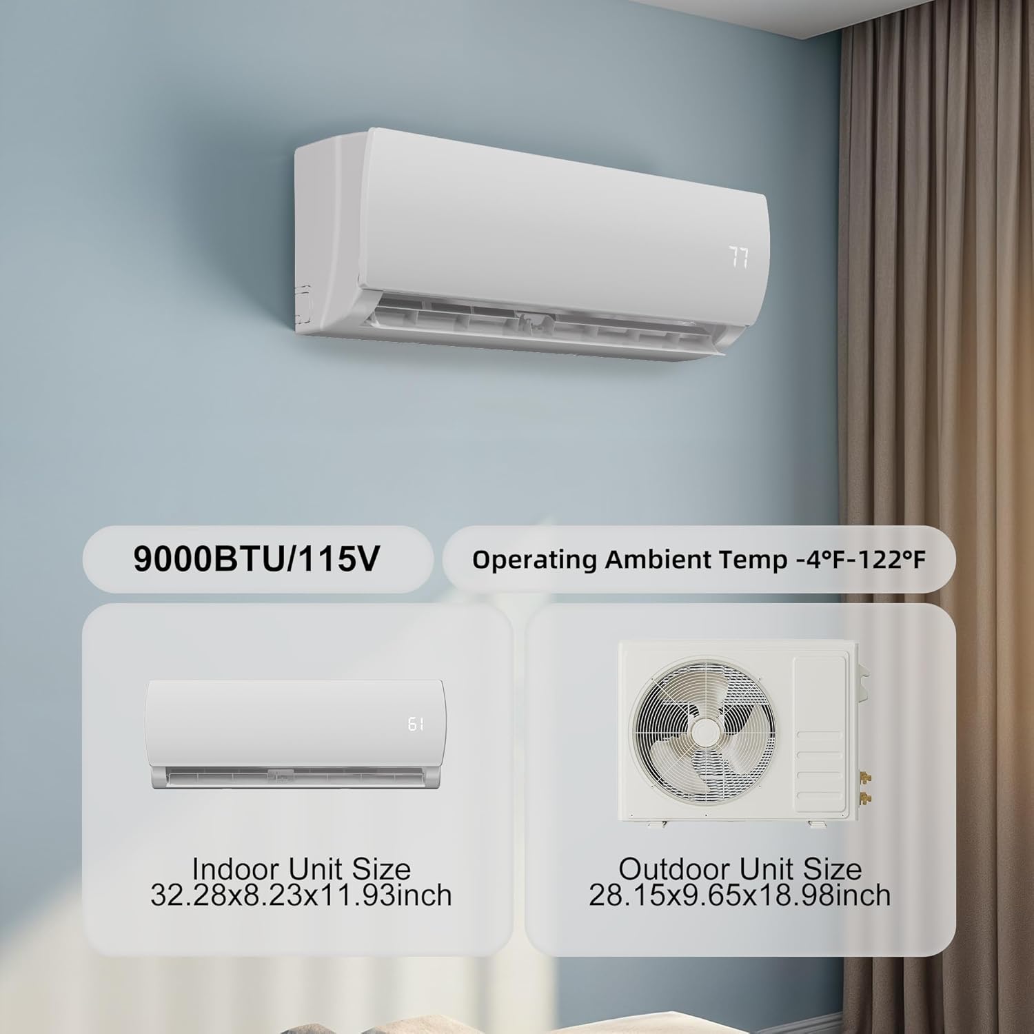MEPTY 9000BTU Mini Split AC/Heating System, 19 SEER2 Energy Efficient Mini Split Air Conditioner, Ductless Inverter AC Unit with Pre-Charged Condenser, Cools Up to 450sq.ft, Compatible 110V/120V