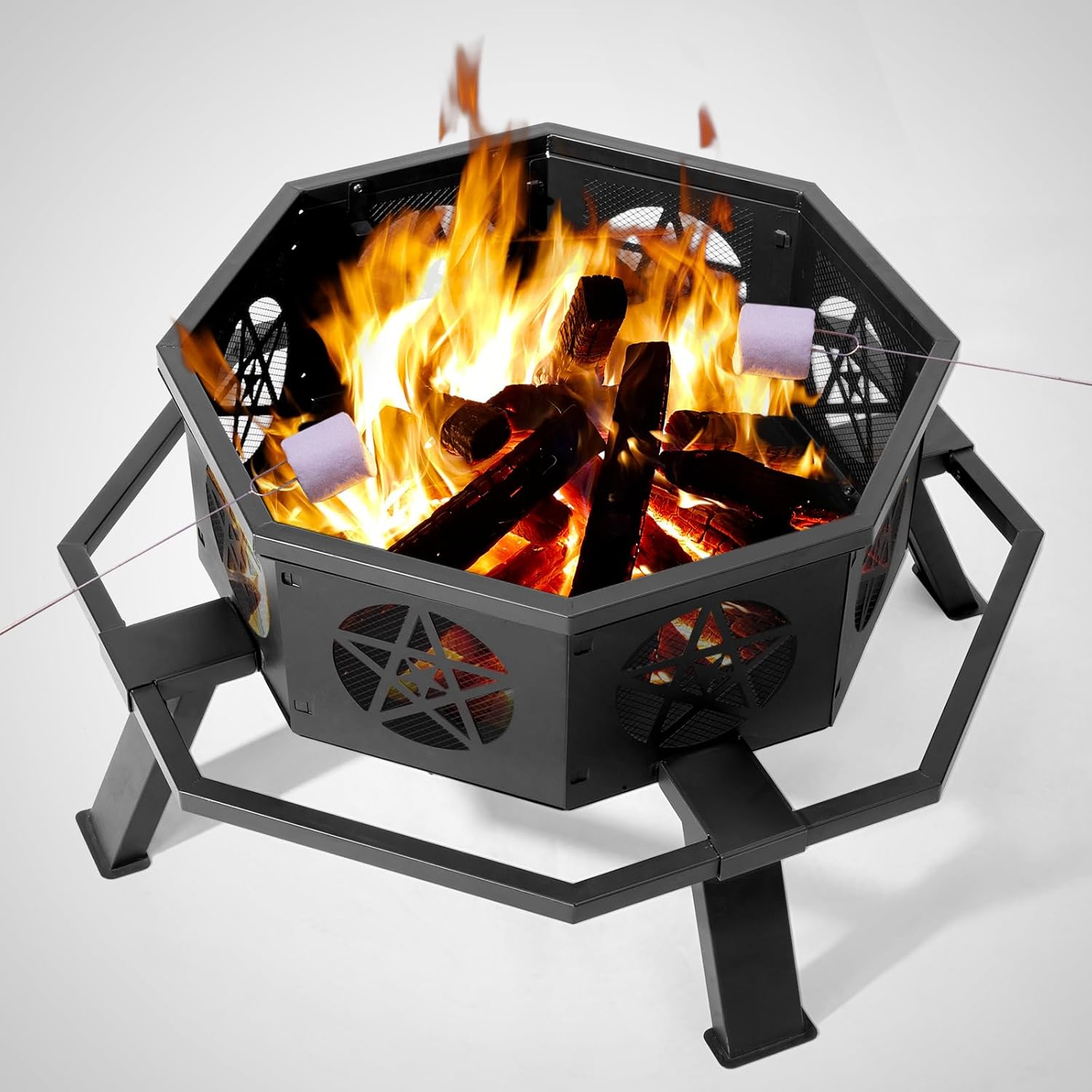 35 inch Fire Pit for Outside, Heavy Duty Wood Burning Fire Pits with Fire Poker, Outdoor Octagonal Firepit for Camping, Yard, Patio