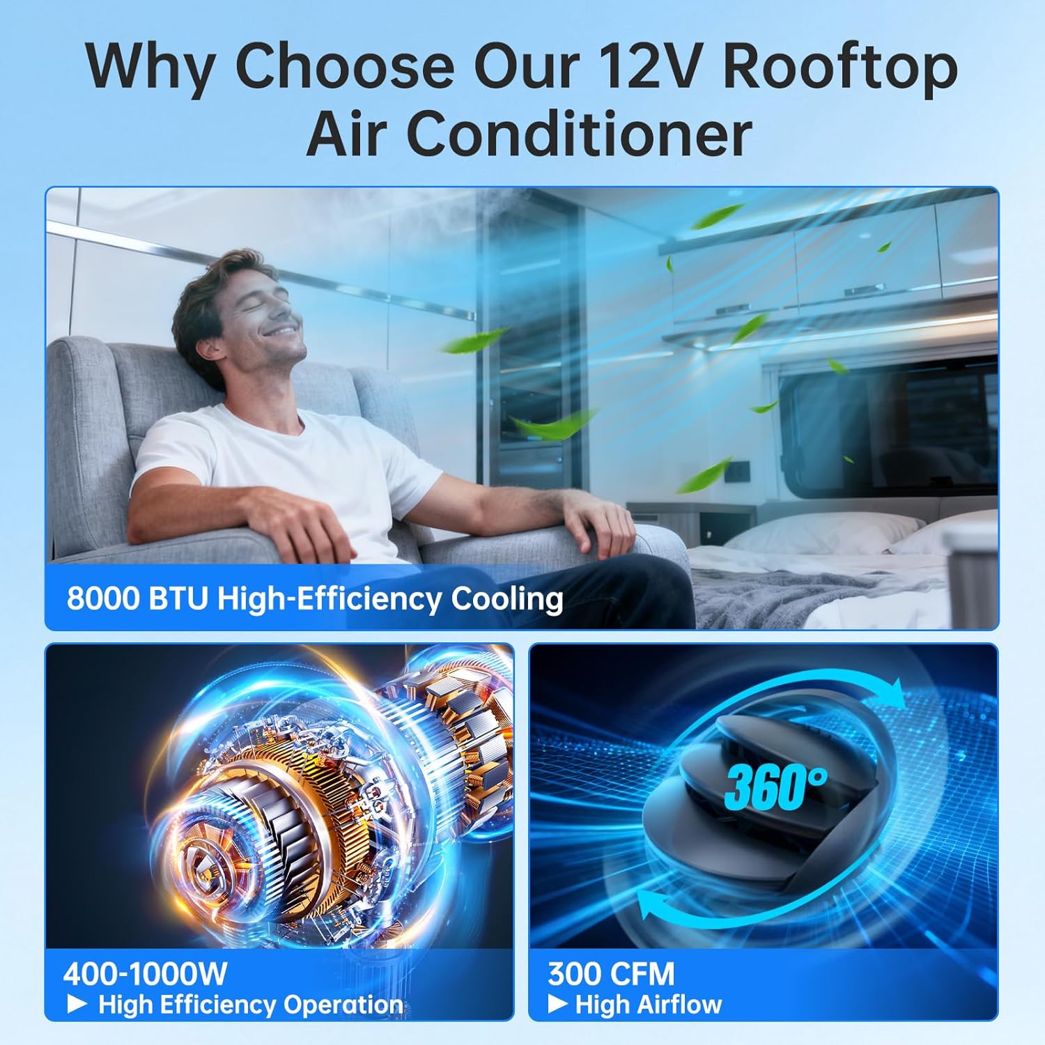 12V RV Air Conditioner Rooftop 8000BTU with Heating, Fast Cooling & Heat Ultra Thin Low Profile Ultra Quiet, Non-Ducted 12 Volt AC Unit for Camper Van Truck Trailer Motorhome