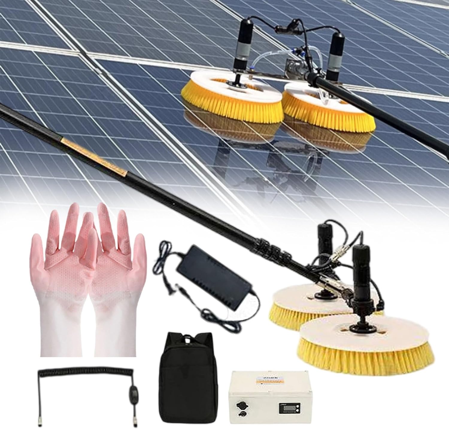 Electric Solar Panel Cleaning Brush, Extendable Window Cleaning Pole Cleaner Kit, Outdoor Pool Cleaning Brush, Adjustable Water Fed Pole Cleaning Kit, Come with A Pair of Gloves,7.5m