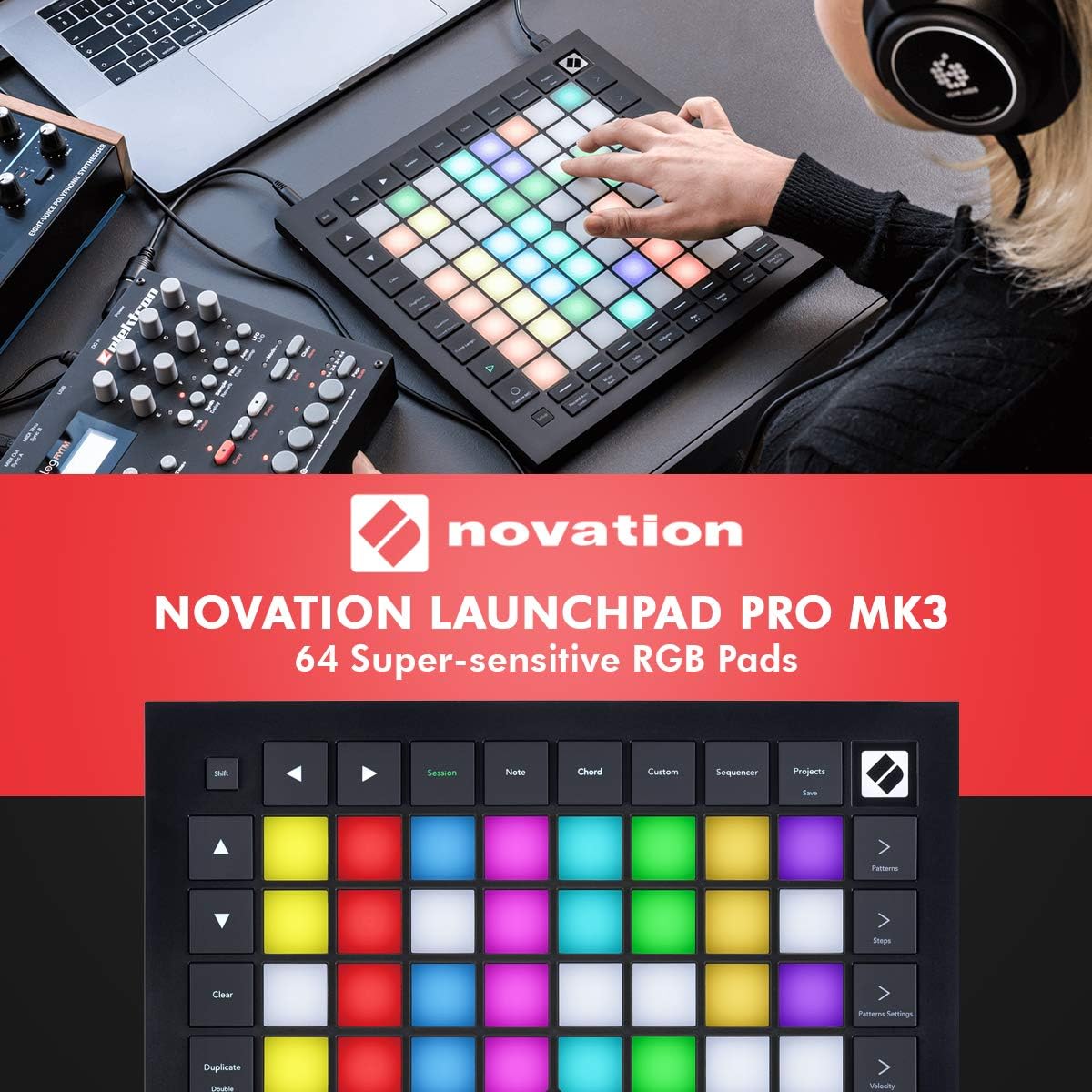 Novation Launchpad Pro MK3 MIDI Controller - Production & Performance Grid Instrument / Ableton Live 8x8 Grid 64 Backlit Pads w/ Basic Bundle - Samson SR360 Pro Studio Headphones and Xpix Midi Cable